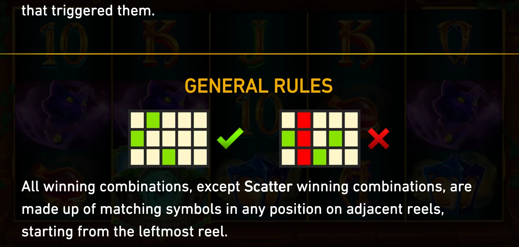 General Rules panel for Green Wizard Fire Blaze explaining adjacent-reel matching, with green-check and red-cross grid examples over a dark wizard-themed slot backdrop.
