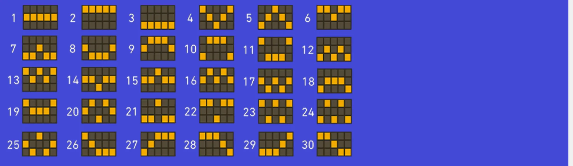 Blue infographic displaying 30 numbered paylines as orange paths across five-column, three-row reel grids.