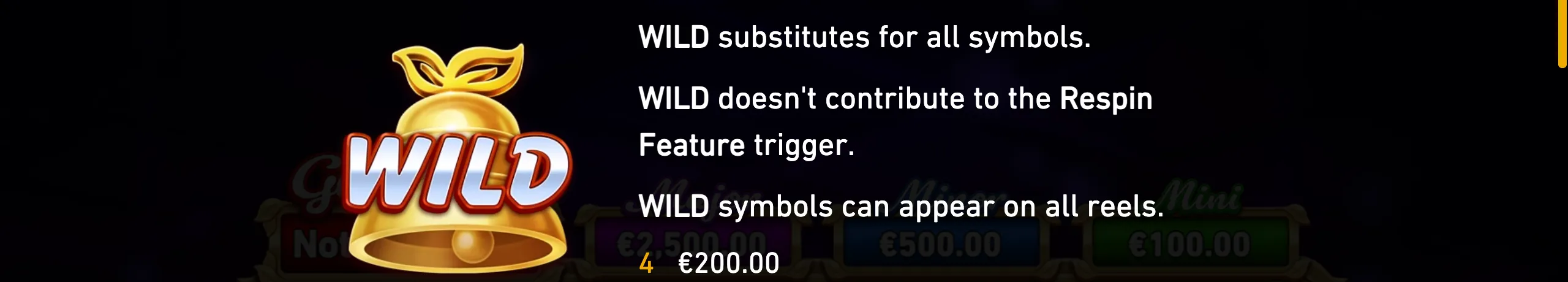 Fruit Harvest slot rules panel featuring a golden bell Wild symbol, with text explaining that Wilds substitute for all symbols, appear on every reel, and do not trigger the Respin feature.