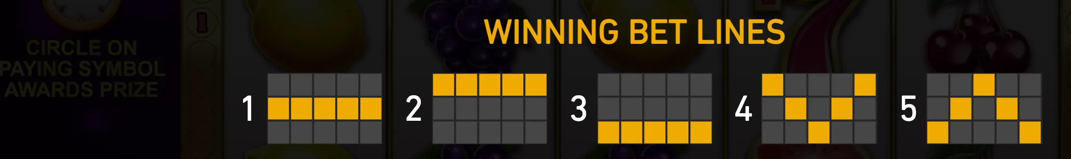 Fruit-themed slot interface with a darkened reel backdrop and a large yellow “Winning Bet Lines” guide displaying five numbered line patterns.
