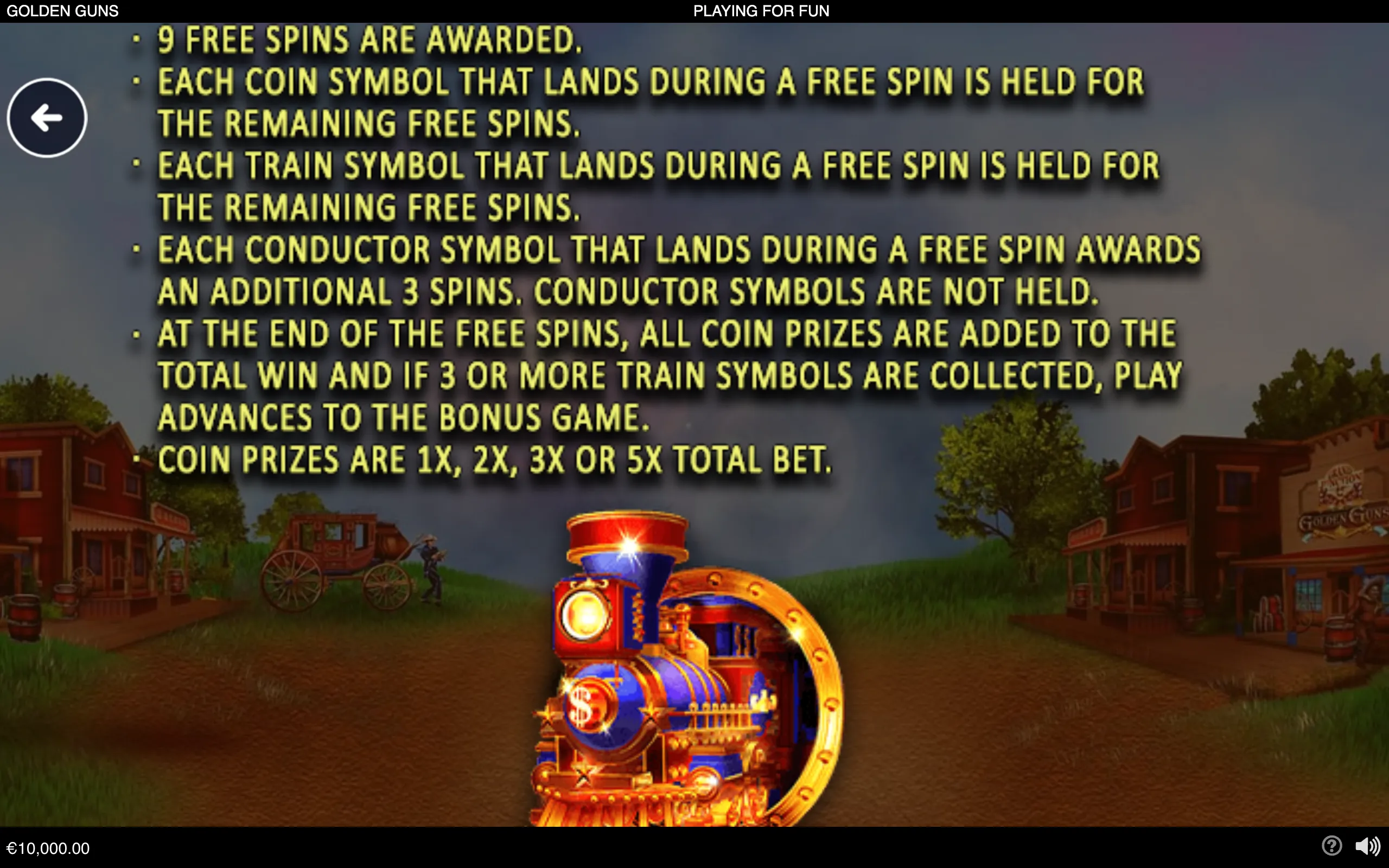 Golden Guns slot bonus-rules panel over a Wild West frontier town, featuring a colorful steam locomotive and instructions for free spins, coin prizes, train symbols, and conductor symbols.