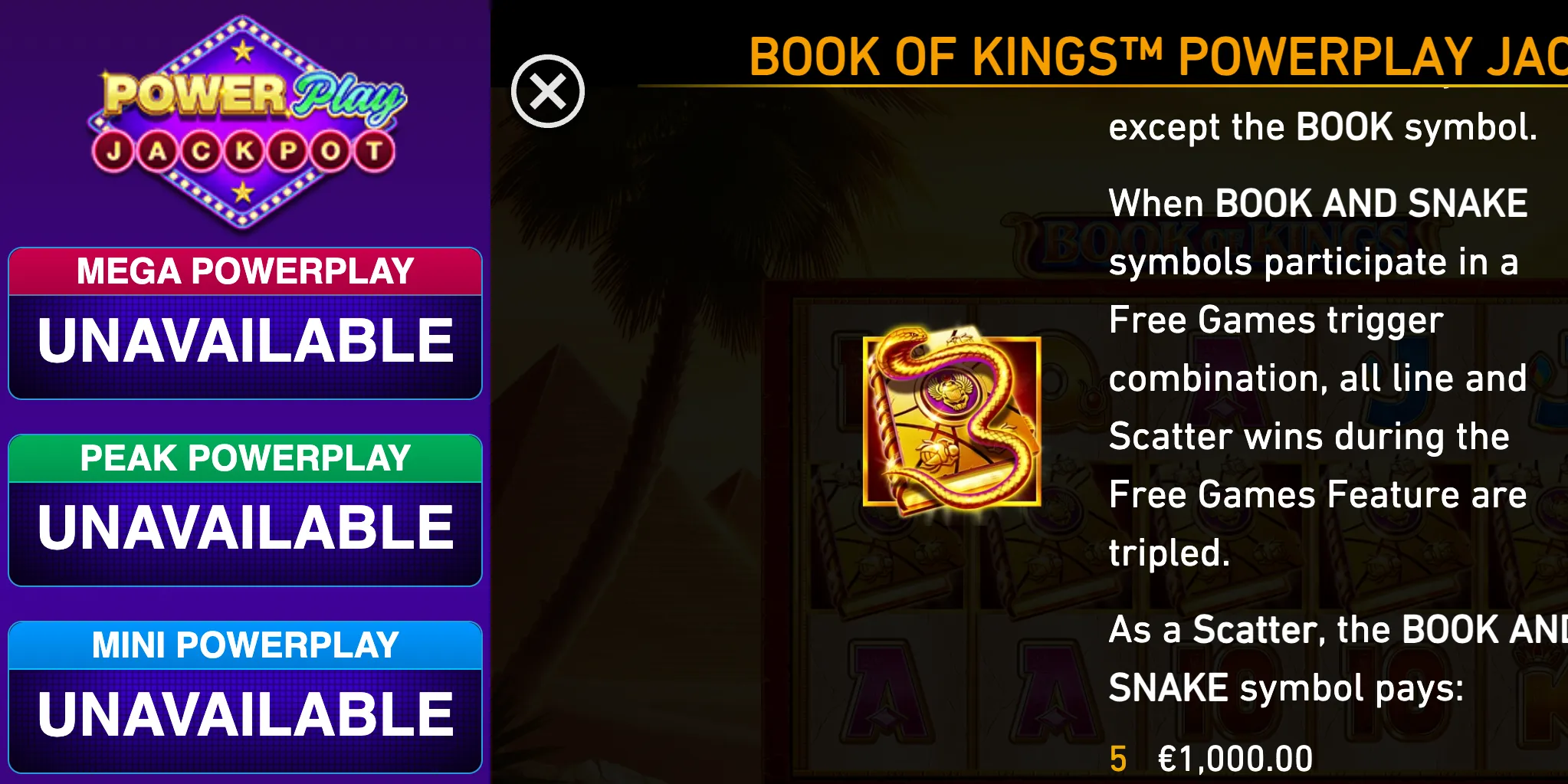 Book of Kings PowerPlay Jackpot promotional graphic with a glowing snake symbol, jackpot branding, Free Games rules, and PowerPlay jackpot tiers marked unavailable.