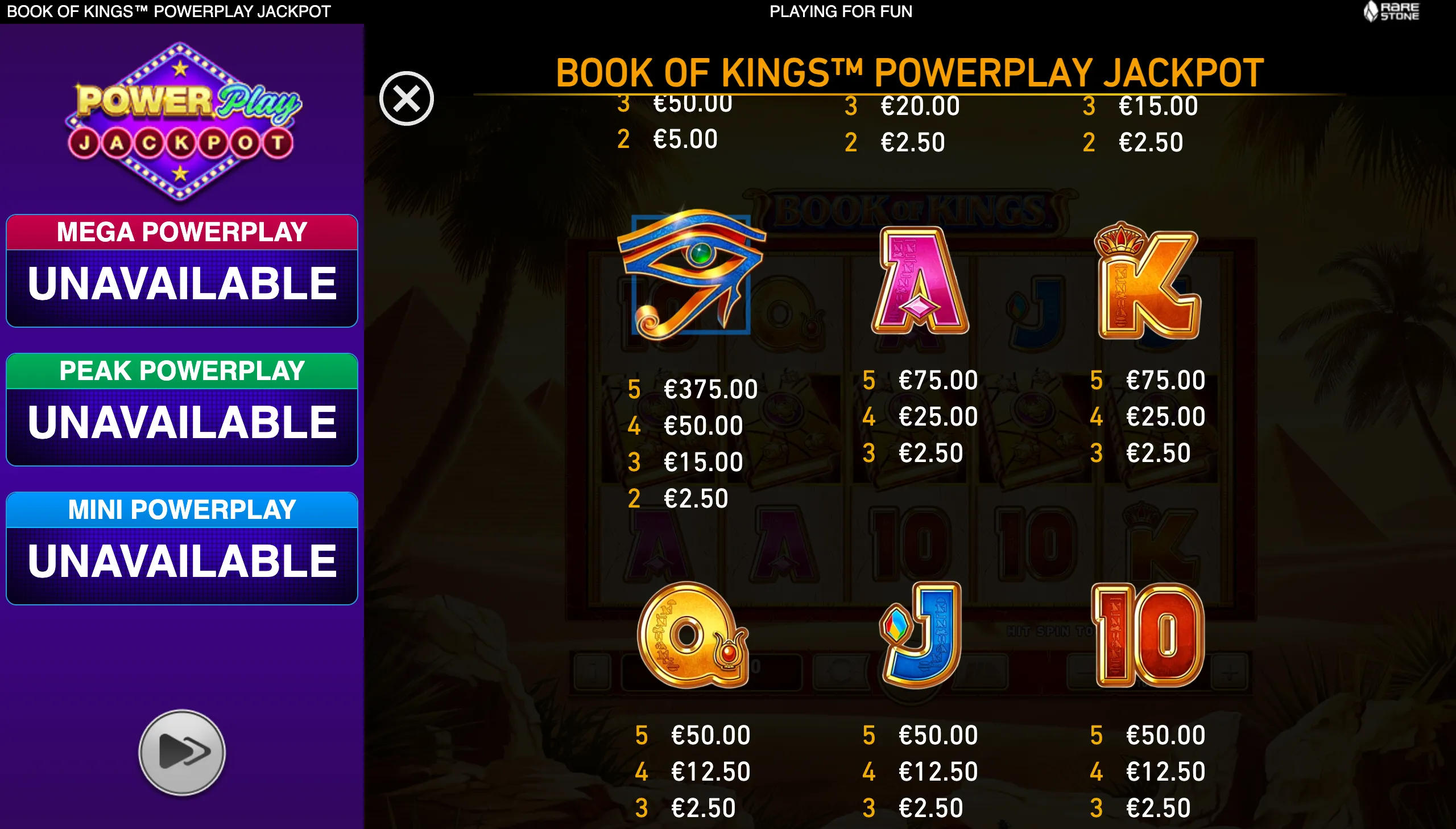 Book of Kings PowerPlay Jackpot paytable with Egyptian Eye of Horus, crowned card symbols, jackpot tiers, and a shadowy pyramid-and-palm backdrop.