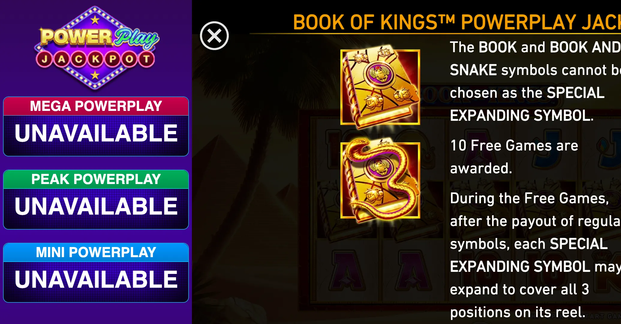 Book of Kings PowerPlay Jackpot slot rules display with glowing golden Book and Snake symbols, three unavailable PowerPlay jackpot tiers, and text describing 10 free games.