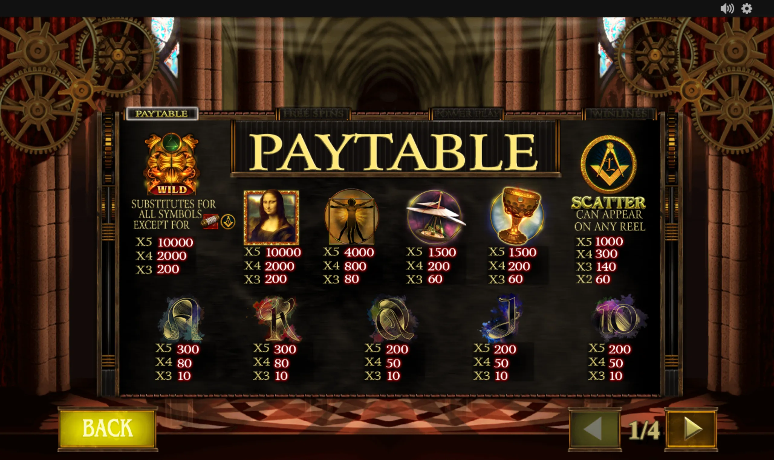 Da Vinci's Vault paytable with Renaissance artwork, mechanical gears, stained glass, a Wild emblem, Scatter symbol, Leonardo da Vinci-themed symbols, and letter payouts.