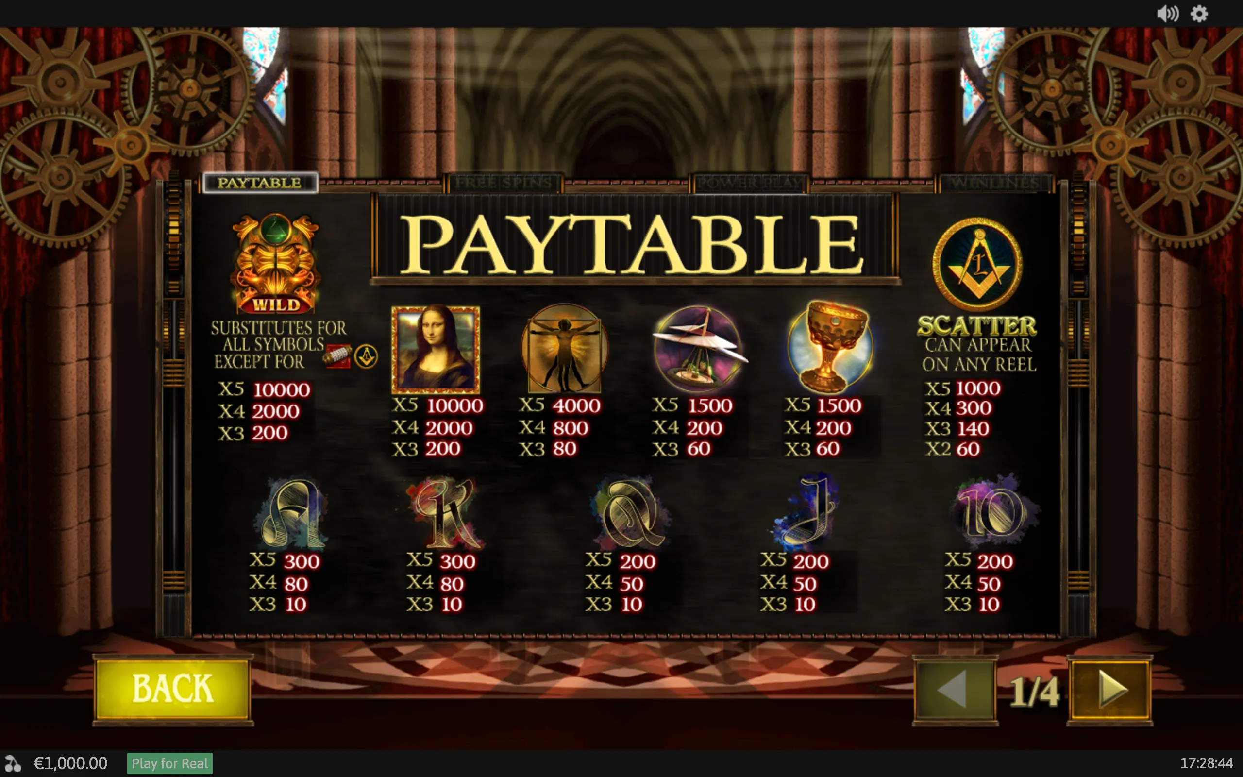 Da Vinci's Vault slot paytable featuring Renaissance-inspired symbols, a golden wild emblem, Leonardo da Vinci references, mechanical gears, and scatter details.