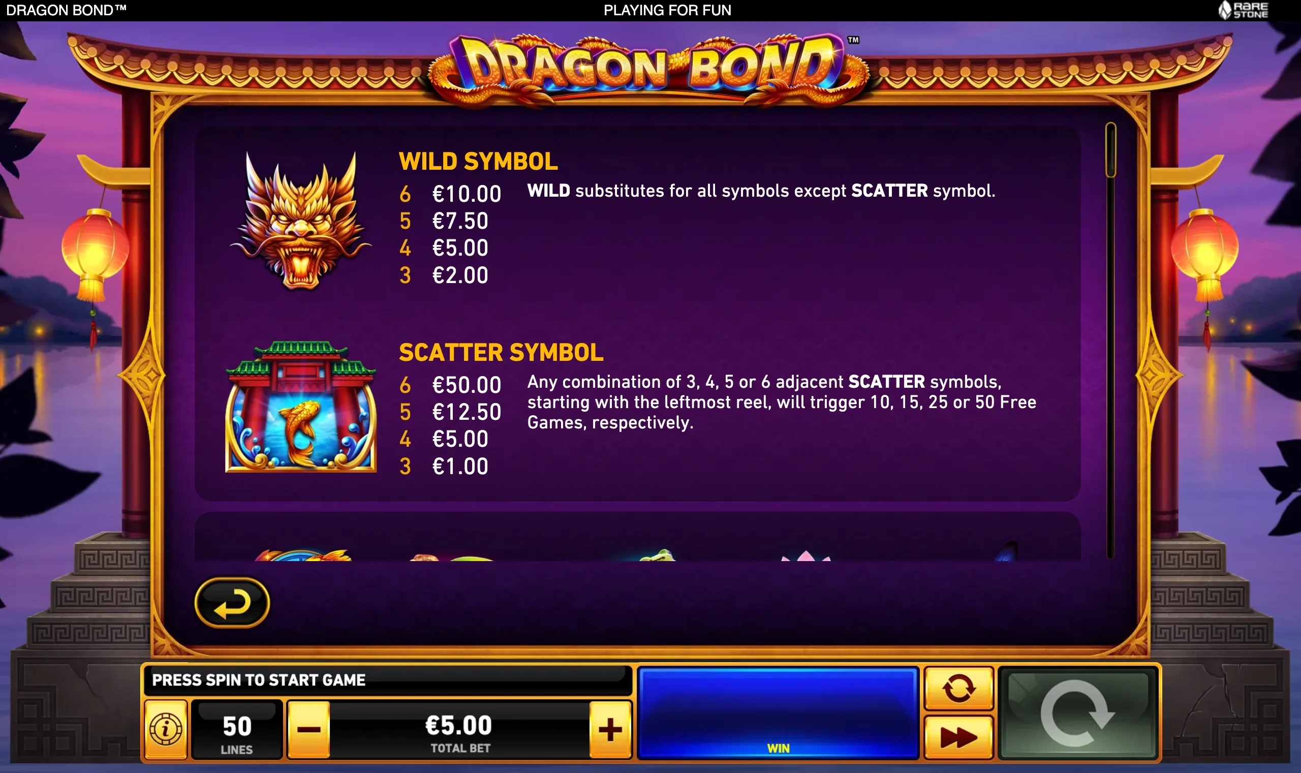 Dragon Bond slot paytable featuring a fierce golden dragon-head Wild symbol and a koi-themed temple Scatter symbol within an ornate Chinese-style game interface.