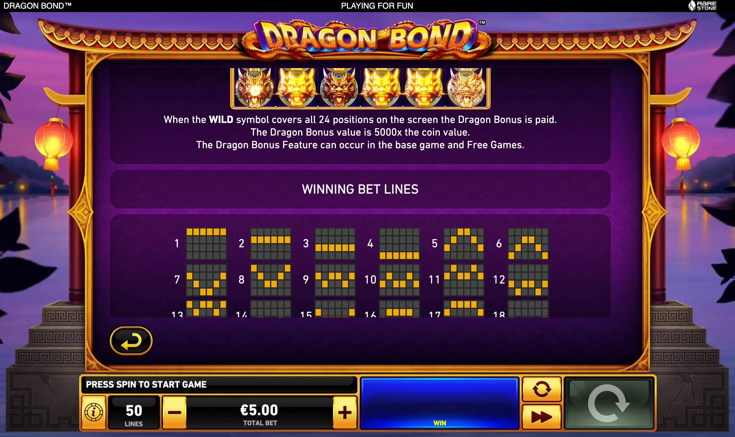 Dragon Bond slot game interface with ornate Chinese-inspired gold architecture, fiery dragon symbols, a 24-position wild bonus notice, and illustrated winning bet lines.