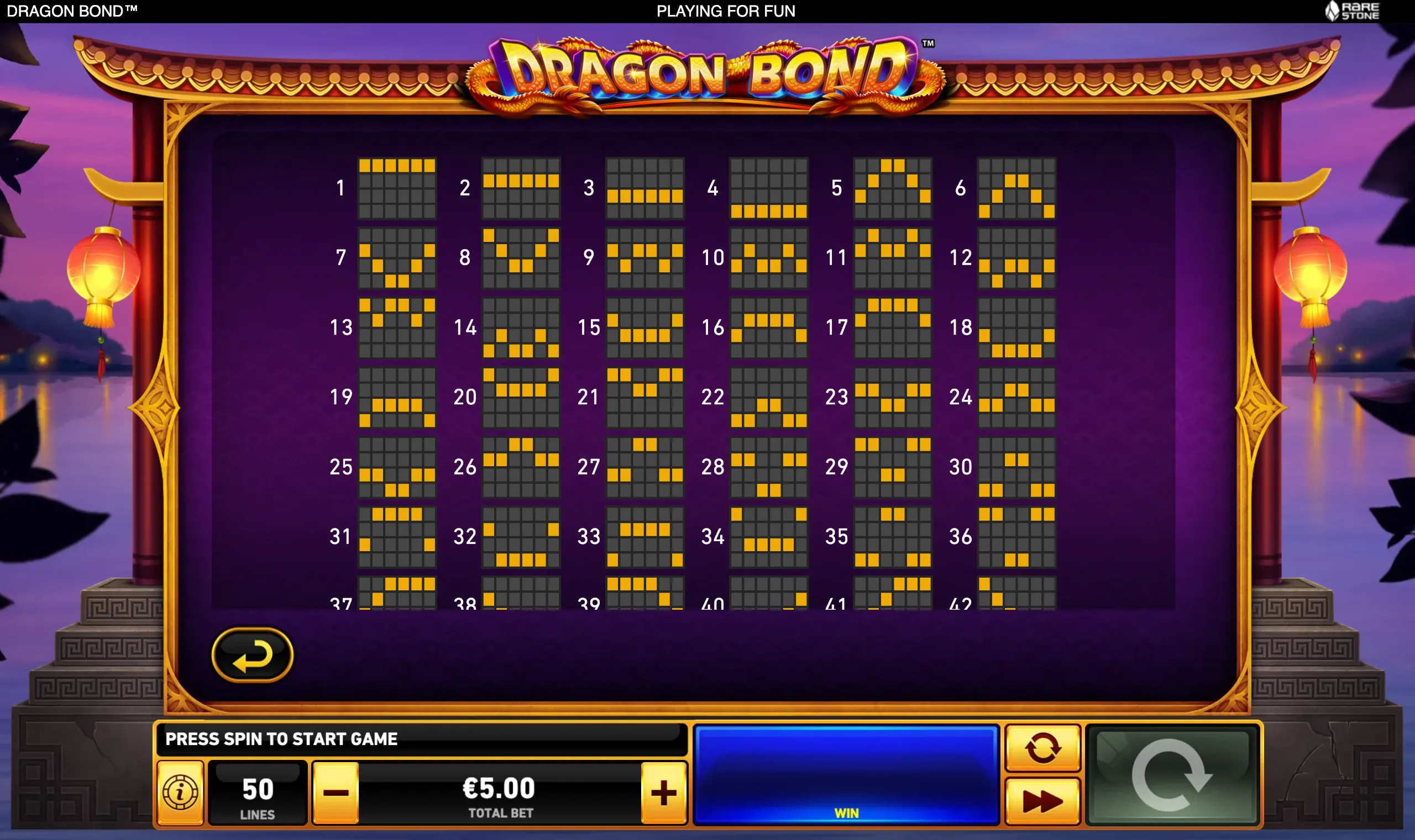 Dragon Bond slot interface displaying numbered yellow payline patterns inside an ornate Chinese temple frame, with lanterns, purple twilight scenery, and spin controls.
