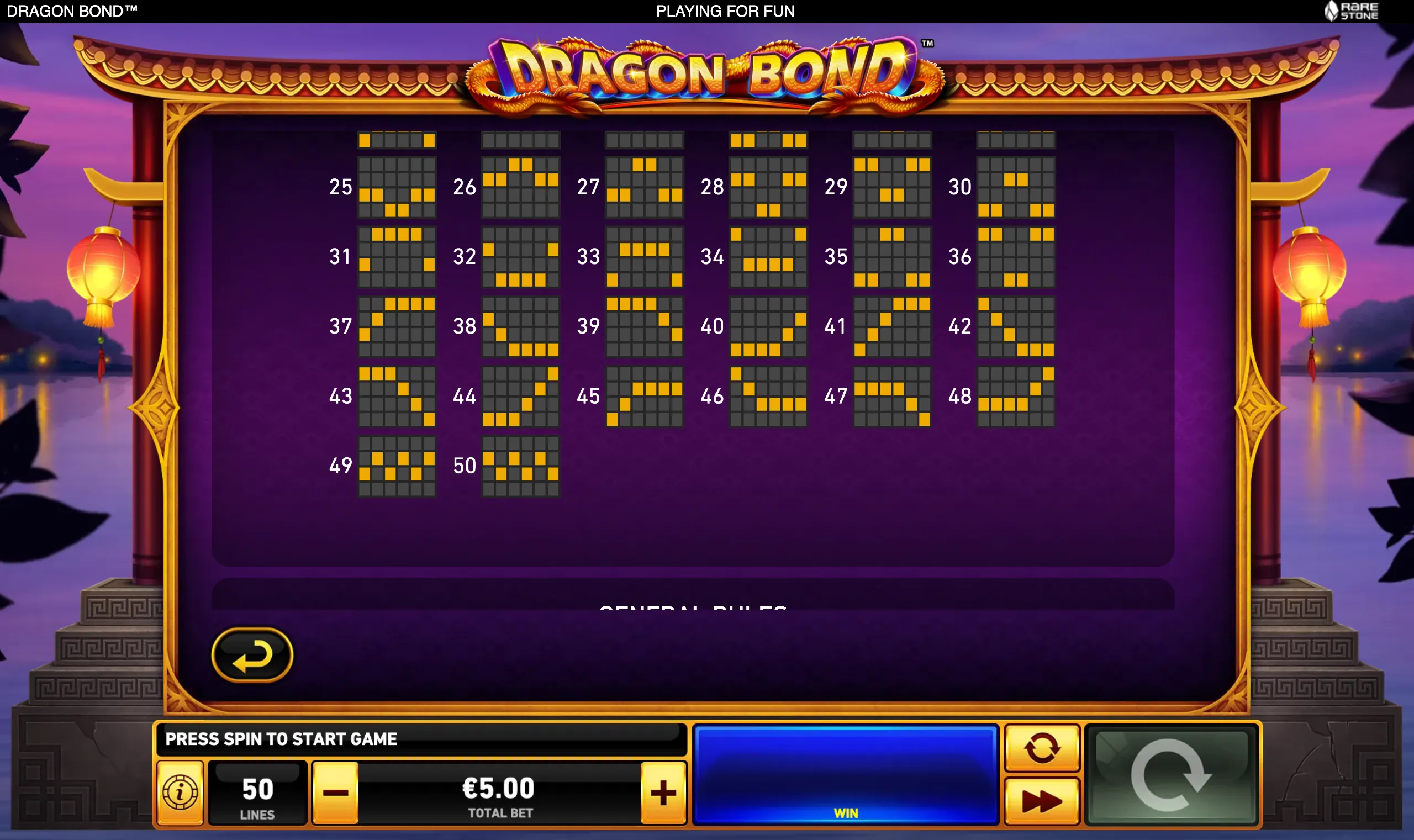Dragon Bond slot interface in an ornate Chinese pavilion, featuring a dragon logo, lanterns, purple scenery, numbered reel-grid patterns, and betting controls.