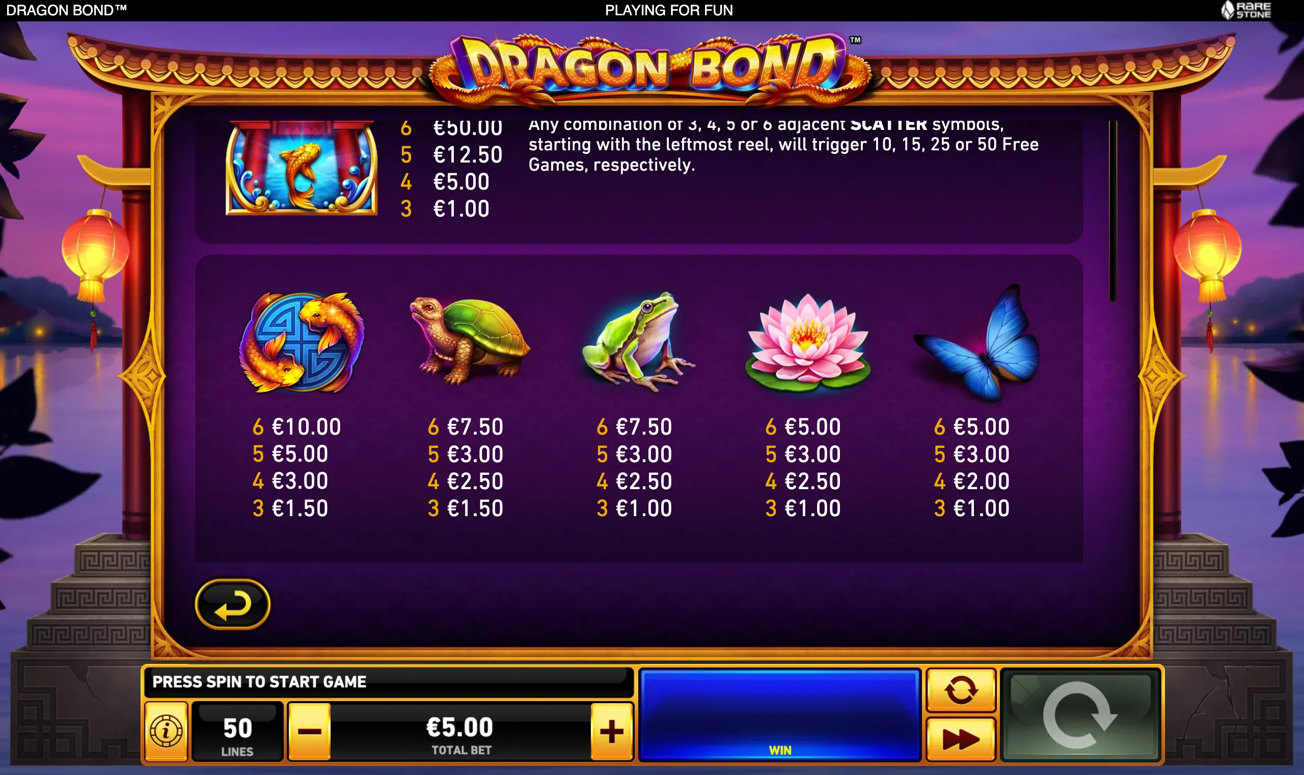 Dragon Bond slot paytable featuring a koi fish scatter, dragon-themed logo, turtle, frog, lotus flower, and blue butterfly symbols in an ornate Chinese-inspired setting.