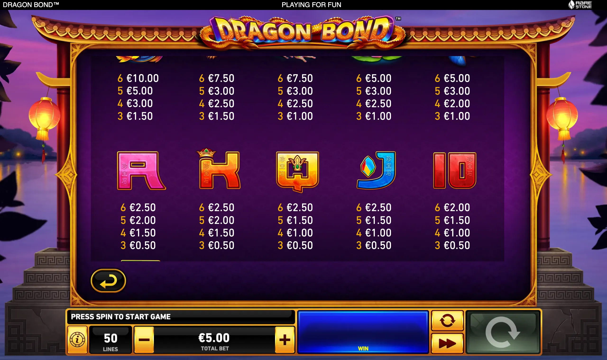 Dragon Bond slot paytable featuring colorful A, K, Q, J and 10 symbols with payouts for matching combinations, framed by an ornate Chinese temple setting.
