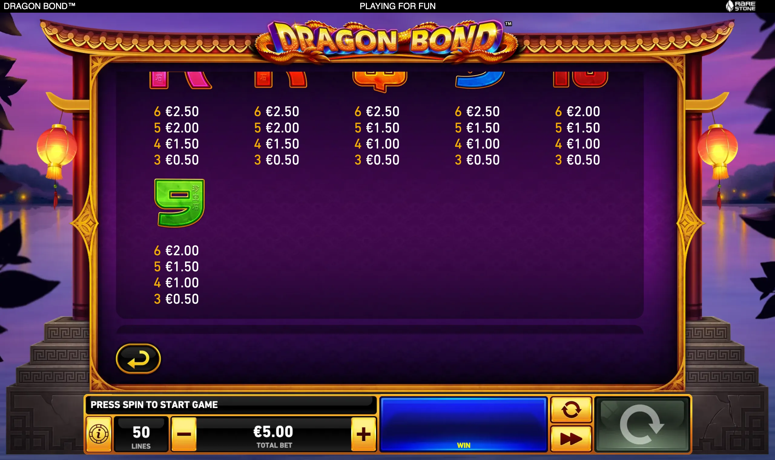 Dragon Bond slot interface with a golden dragon logo, Chinese temple ornamentation, glowing lanterns, purple dusk scenery, and a visible paytable featuring colorful symbols.