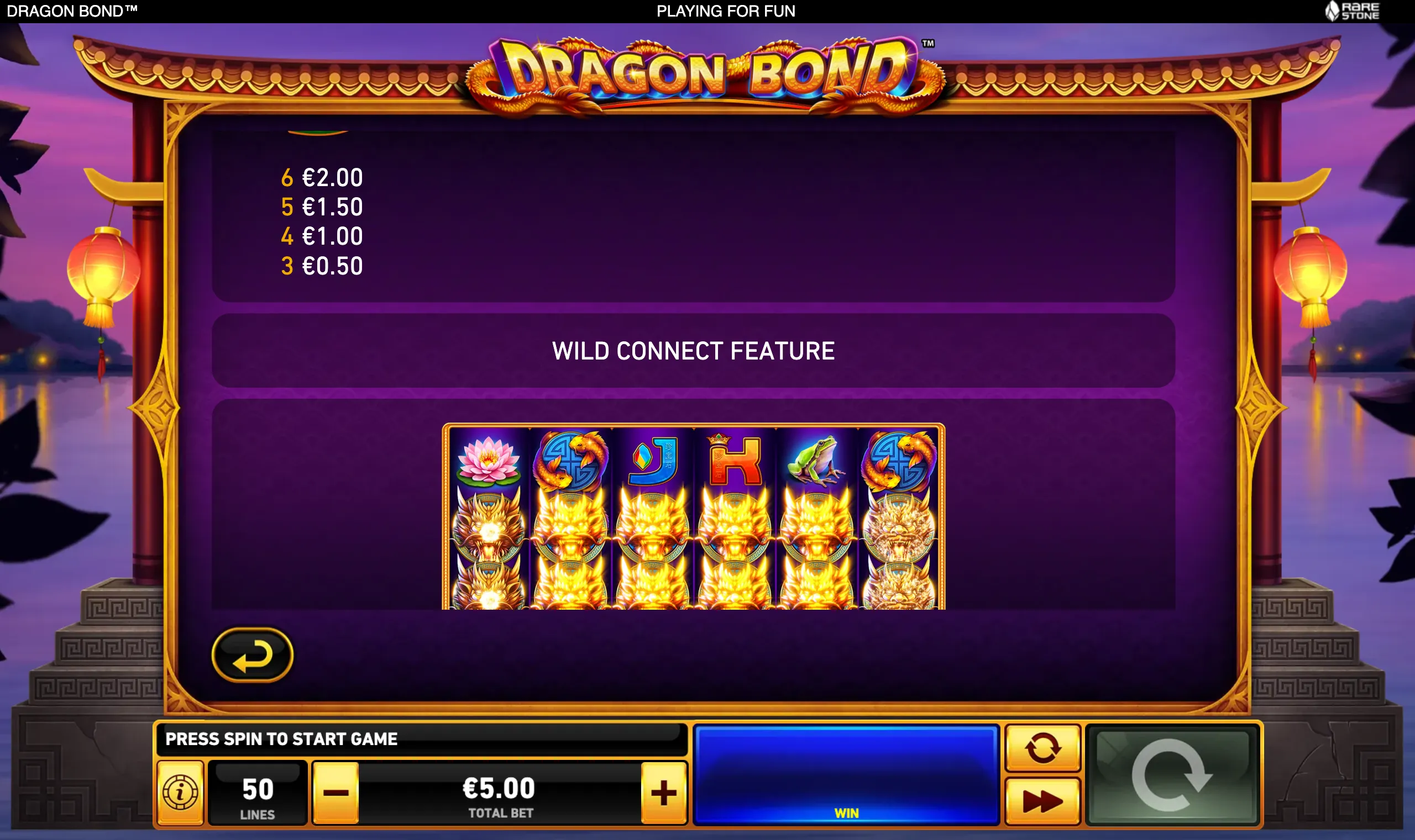 Dragon Bond slot interface with ornate Chinese temple architecture, hanging lanterns, a purple twilight landscape, and a Wild Connect feature panel displaying glowing dragon symbols and payout values.