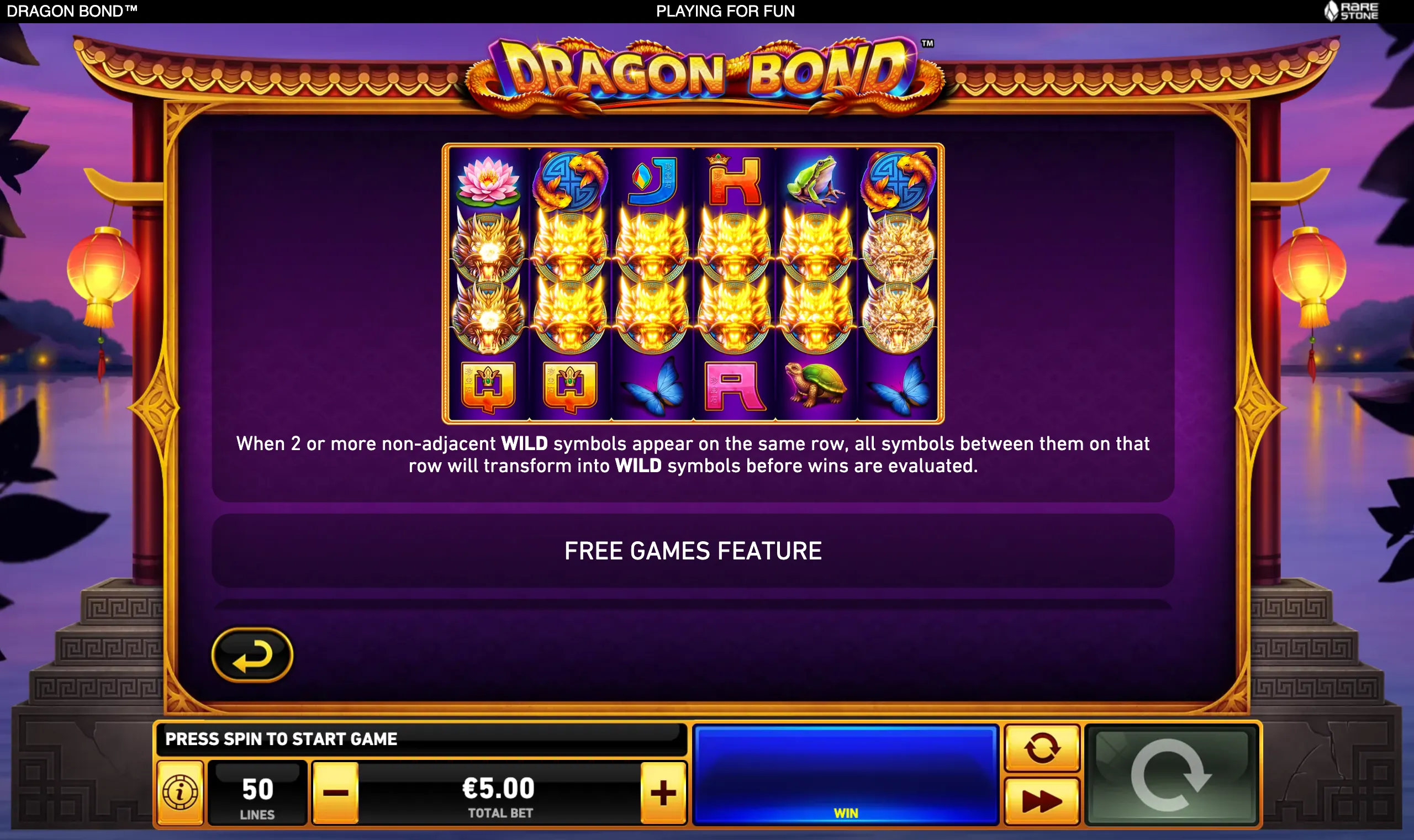 Dragon Bond slot interface with glowing golden dragon Wild symbols across a purple Chinese temple backdrop, surrounded by lotus, frog, turtle, butterfly, and card symbols.