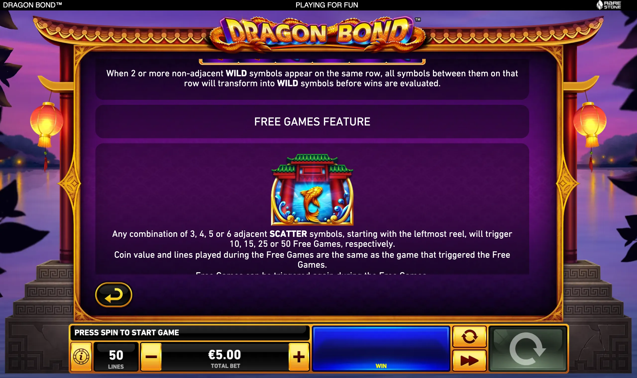 Dragon Bond slot rules display with a Chinese-style pagoda, golden koi scatter symbol, ornate dragon title, hanging lanterns, and purple temple surroundings.