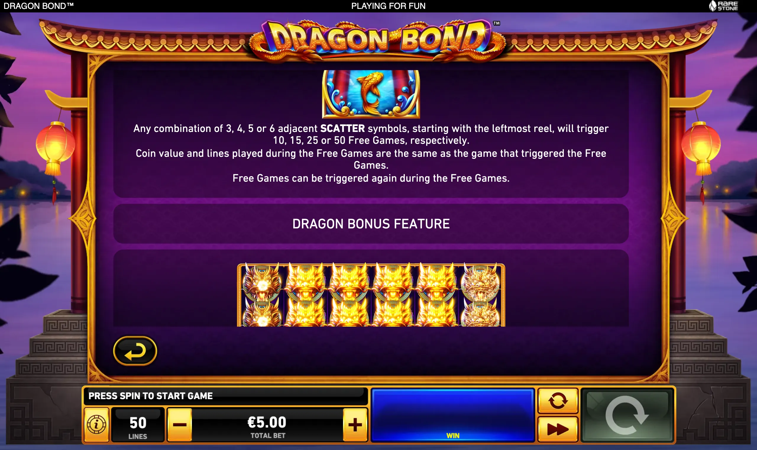 Dragon Bond slot interface framed by ornate golden Chinese architecture, lanterns, purple dusk scenery, dragon branding, and a feature panel describing scatter-triggered free games.