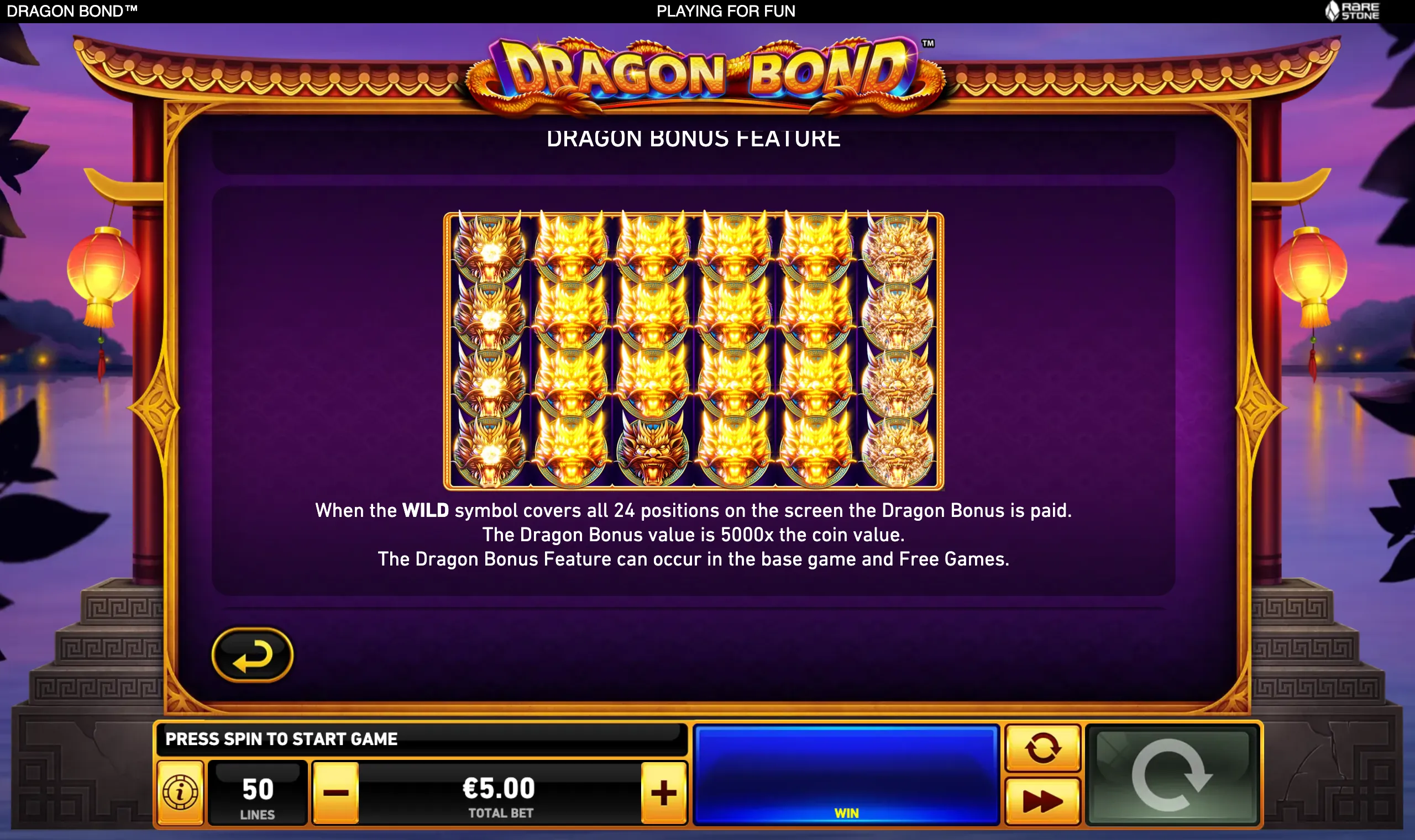 Dragon Bond slot feature screen with glowing golden dragon symbols arranged across a 6-by-4 reel grid, framed by ornate Chinese-inspired architecture against a purple twilight backdrop.