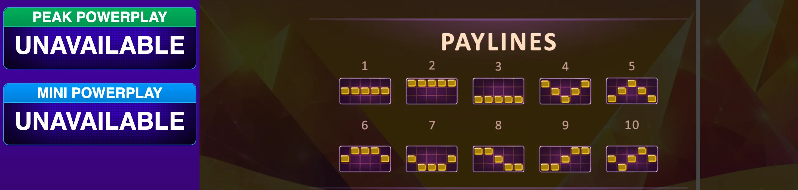 Egyptian Emeralds PowerPlay Jackpot payline guide displaying ten numbered line patterns over a dark Egyptian-themed backdrop, with Peak PowerPlay and Mini PowerPlay marked unavailable.