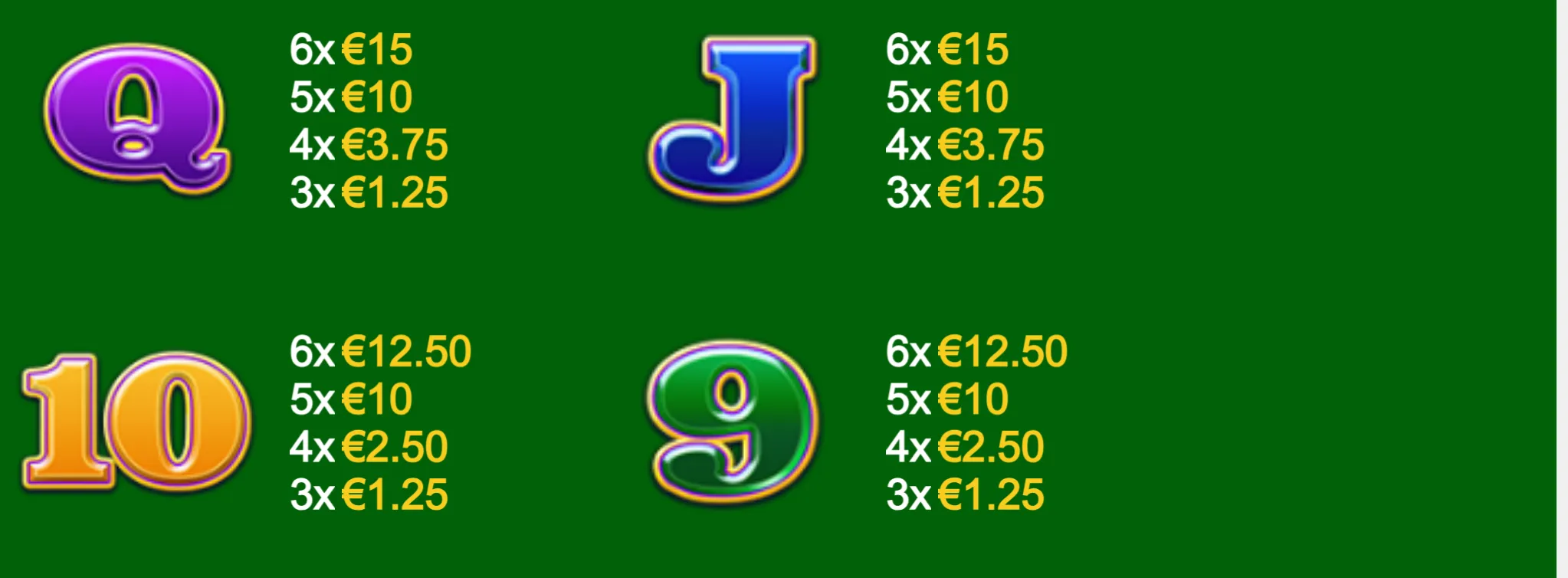 Epic Ape II symbol paytable featuring glossy purple Q, blue J, gold 10, and green 9 symbols with euro payout values on a green background.
