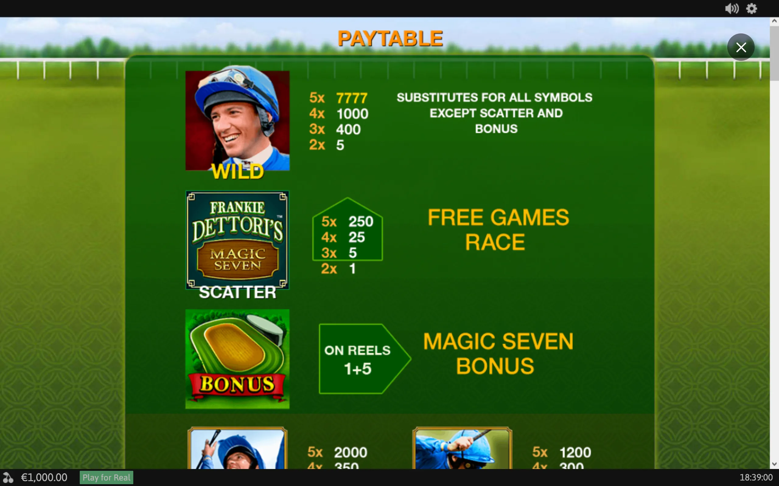 Frankie Dettori's Magic Seven paytable against a green horse-racing track backdrop, featuring jockey symbols, a wild portrait, scatter logo, bonus horseshoe, and payout values.