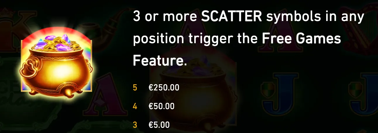 Golden treasure pot filled with colorful gemstones beside text explaining that three or more scatter symbols trigger the Free Games feature, with listed payouts.