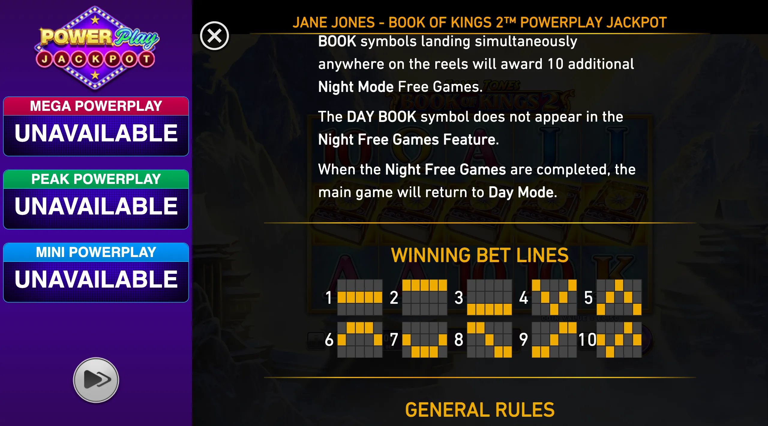 Rules panel for Jane Jones Book of Kings 2 PowerPlay Jackpot, featuring purple PowerPlay Jackpot branding, jackpot availability tiers, free-games instructions, winning bet-line diagrams, and a dimmed Book of Kings reel backdrop.