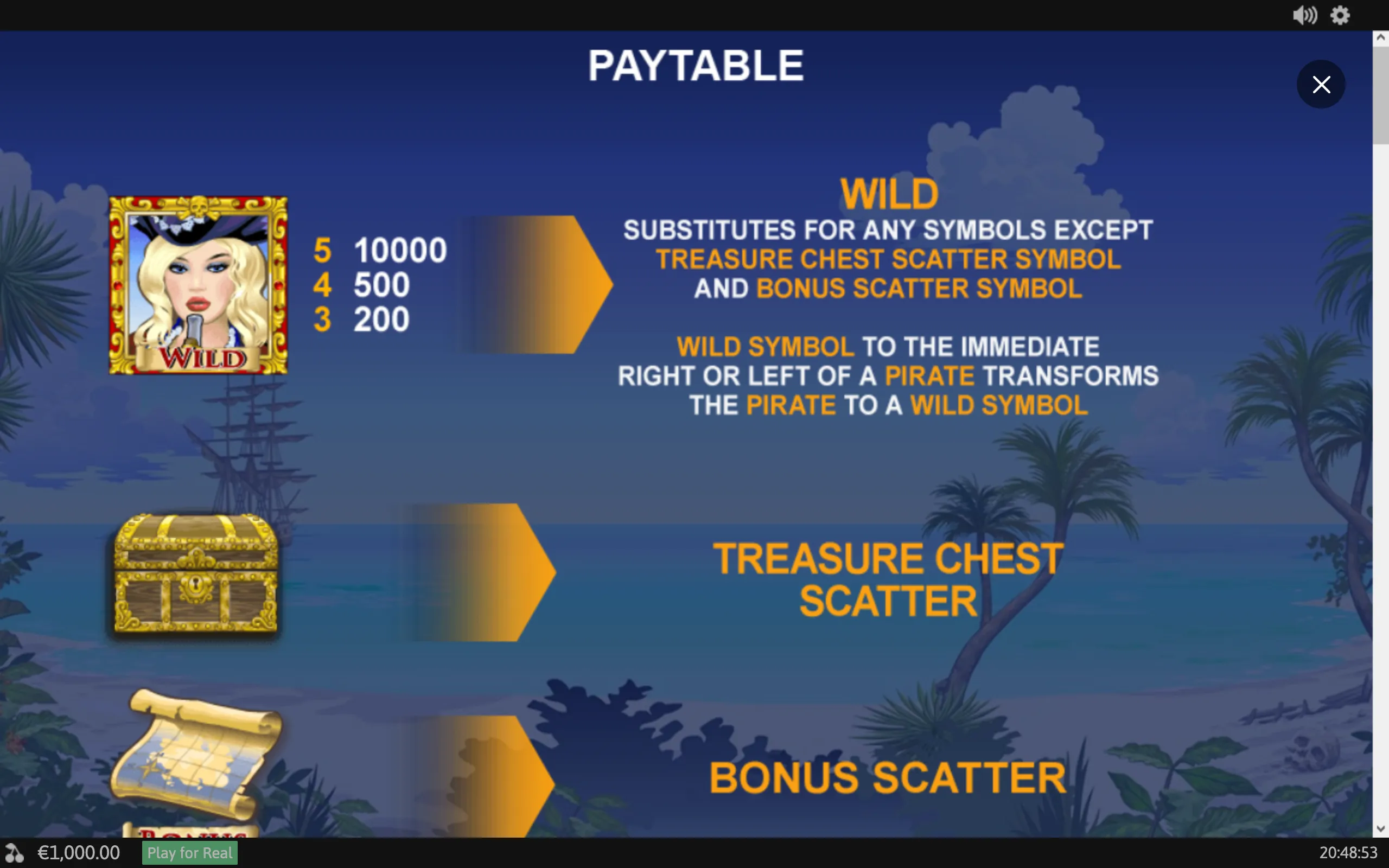 Chests of Plenty paytable featuring a blonde pirate wild symbol, ornate treasure chest scatter, bonus scatter, and a tropical island backdrop with a ship at sea.