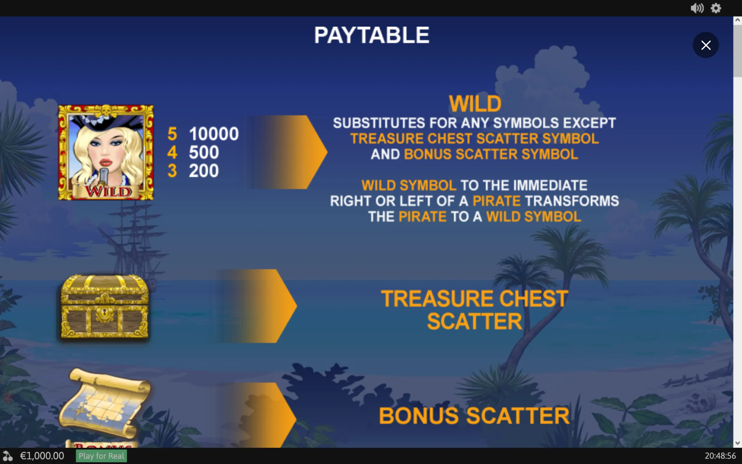 A pirate-themed slot paytable displays a glamorous Wild character, a golden treasure chest, and a treasure map against a moonlit tropical island backdrop.