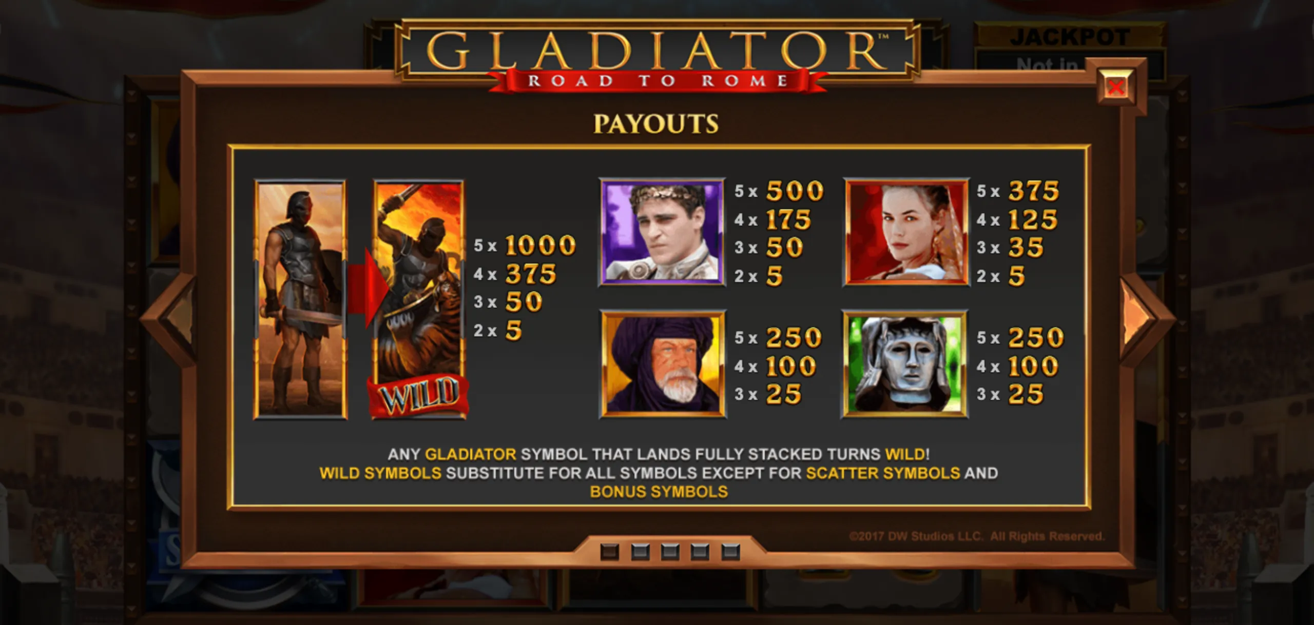 Gladiator: Road to Rome paytable featuring Roman gladiator characters, a wild symbol, payout values, and rules for fully stacked gladiator symbols.