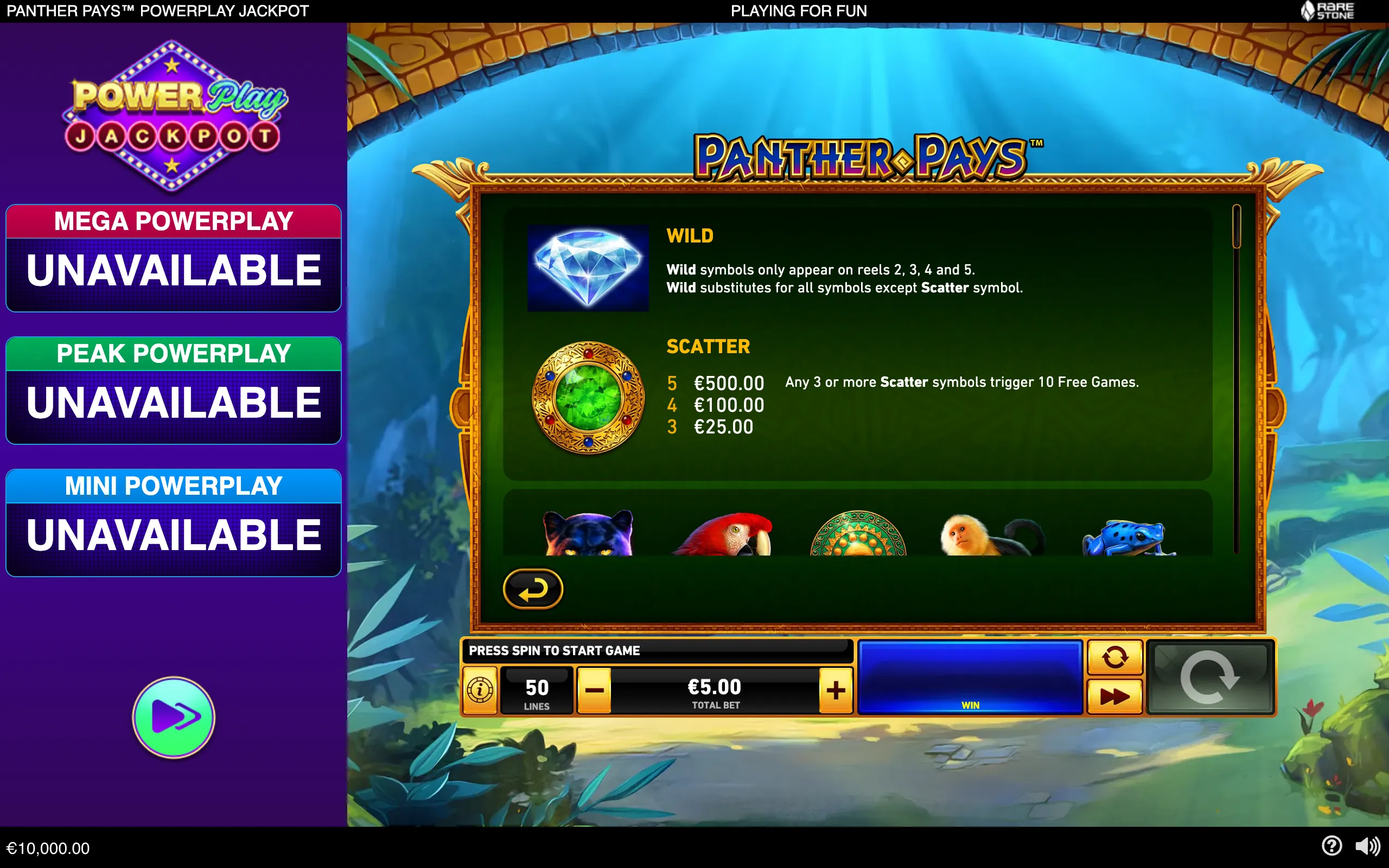 Panther Pays PowerPlay Jackpot slot interface featuring a diamond wild, jeweled scatter symbol, jungle animals, and a tropical pool backdrop.
