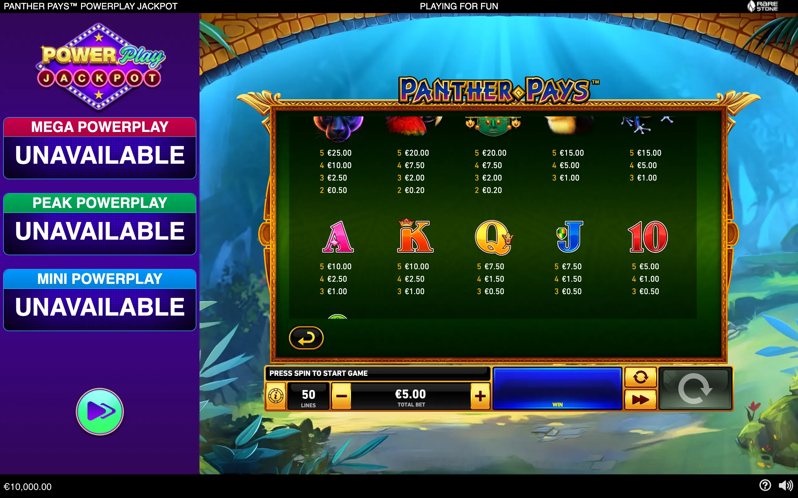 Panther Pays PowerPlay Jackpot slot paytable with jungle animal symbols, playing-card icons, euro payouts, and unavailable Mega, Peak, and Mini PowerPlay jackpot panels.