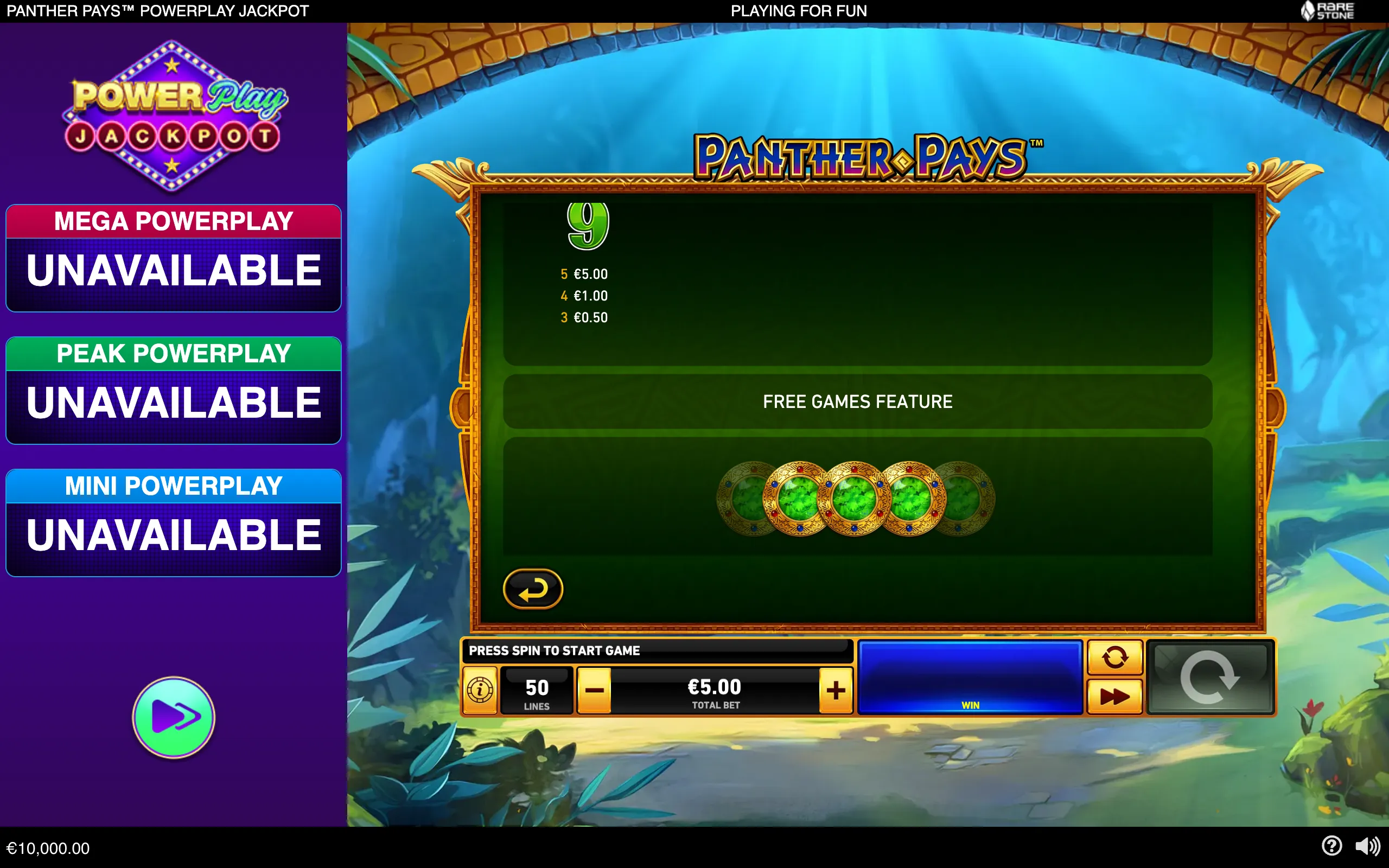 Panther Pays PowerPlay Jackpot slot interface with a jungle pool backdrop, gold-framed paytable, green 9 symbol, jackpot tier panel, and free games feature label.