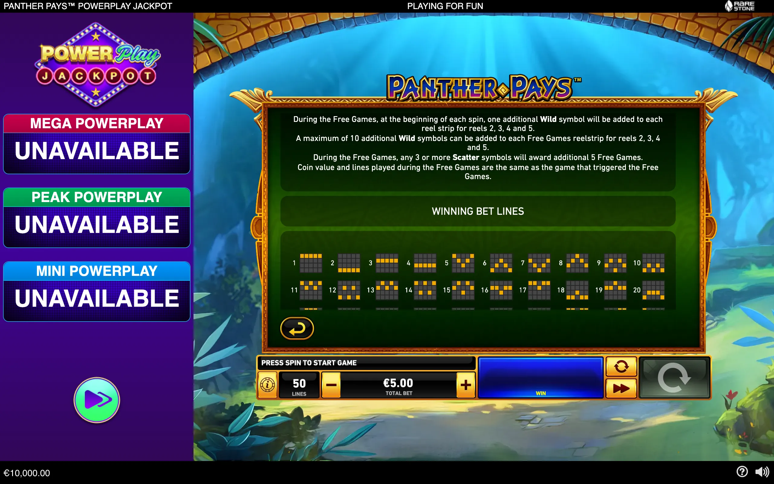 Panther Pays PowerPlay Jackpot slot interface with a jungle temple and pool backdrop, Free Games rules panel, winning bet-line diagrams, and unavailable jackpot tiers.