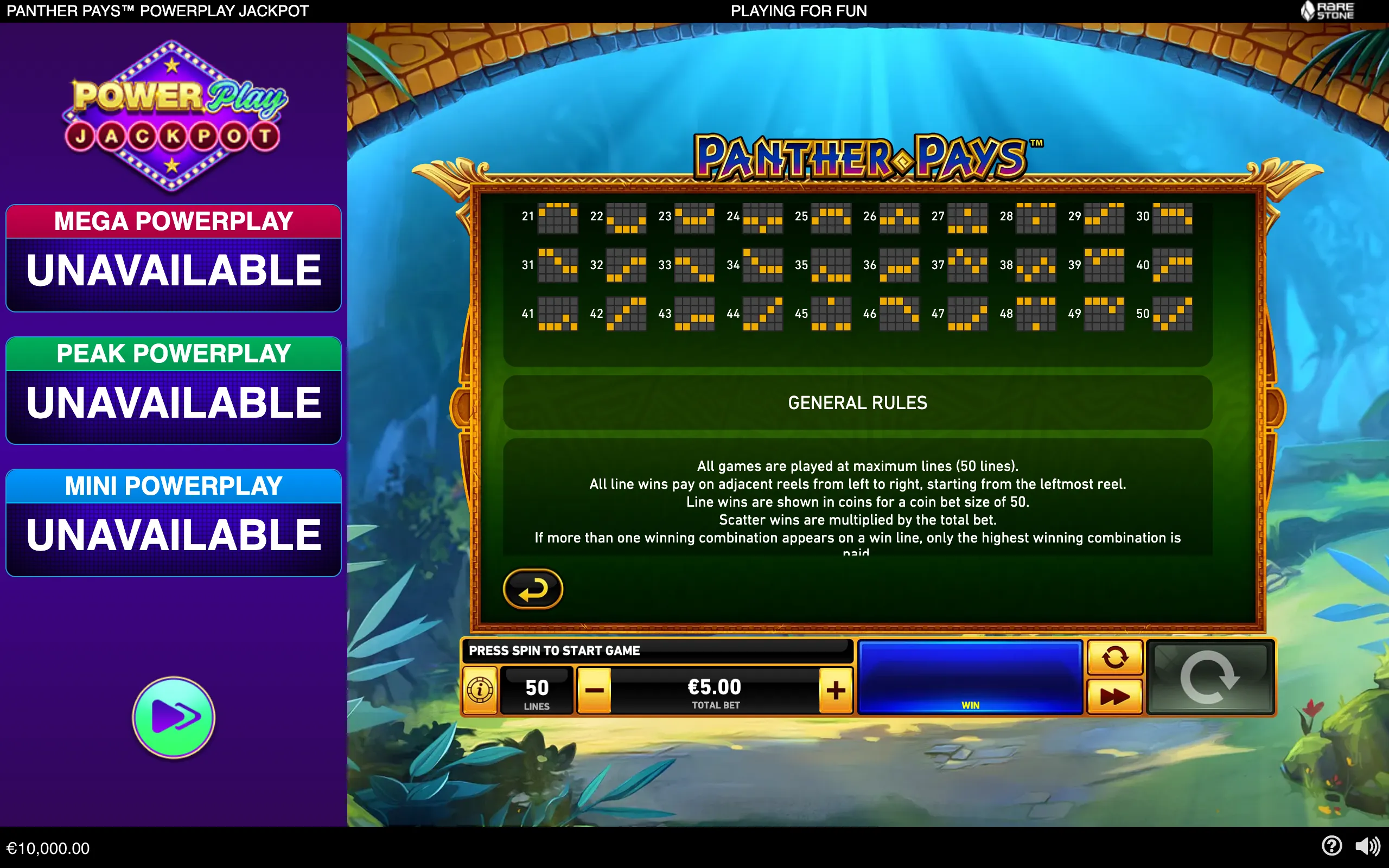 Panther Pays PowerPlay Jackpot interface with a tropical pool and jungle backdrop, gold-framed rules panel, numbered paylines, jackpot tier displays, and spin controls.