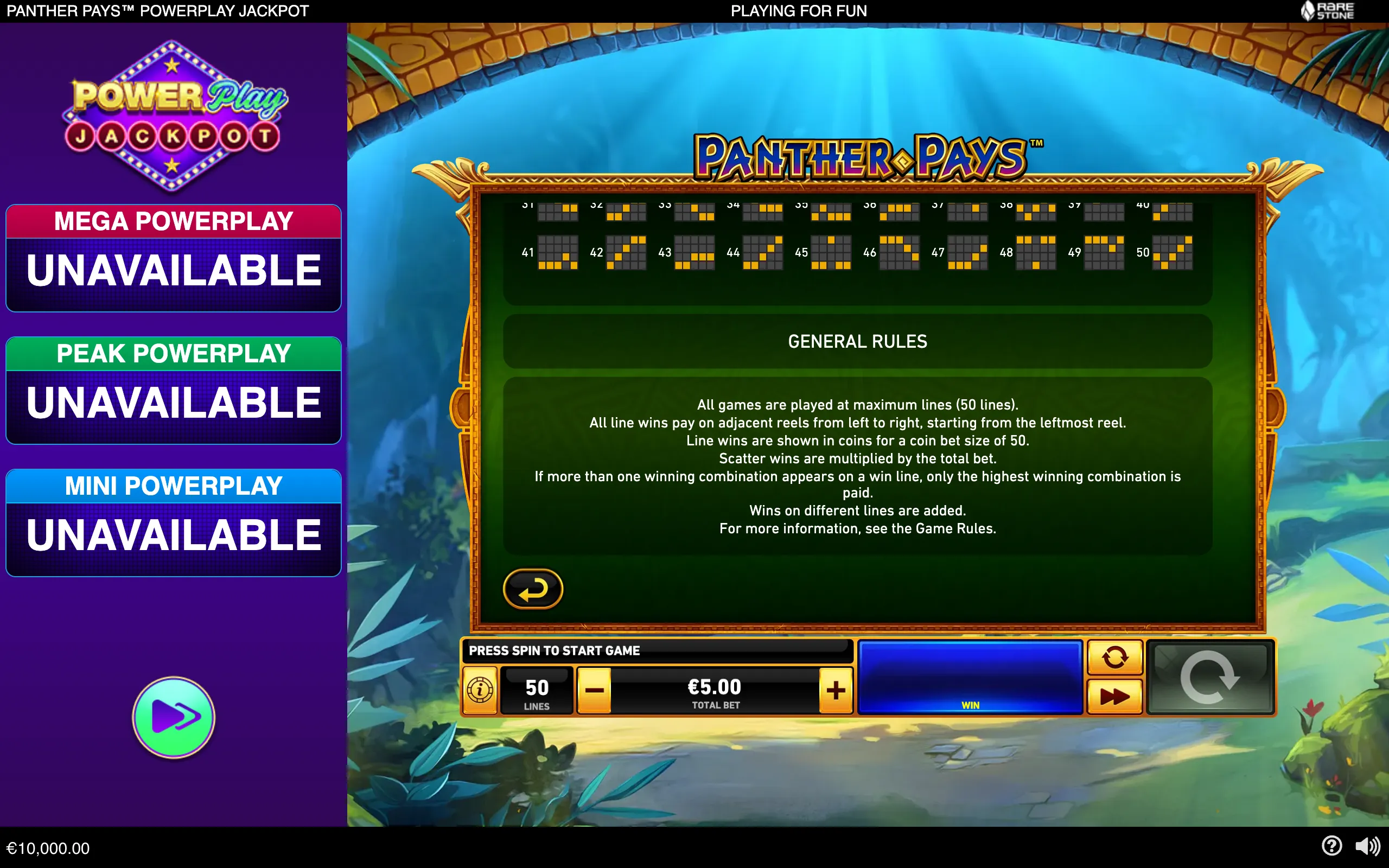Panther Pays PowerPlay Jackpot slot interface with an underwater temple backdrop, PowerPlay Jackpot logo, 50-line rule display, and unavailable Mega, Peak, and Mini PowerPlay tiers.