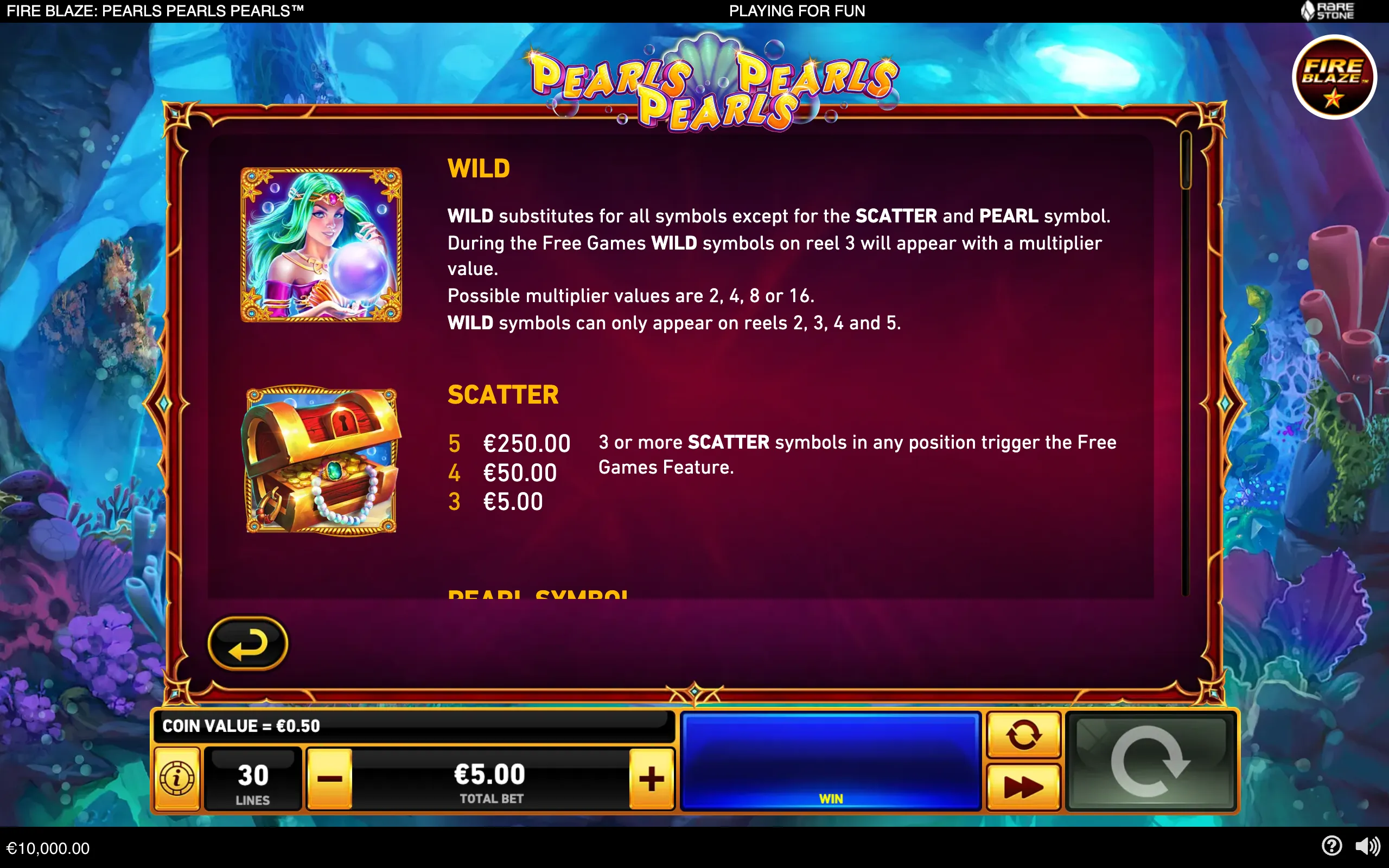 Pearls Pearls Pearls slot rules page featuring an underwater mermaid Wild symbol, a pearl-covered treasure chest Scatter symbol, and a coral reef backdrop.