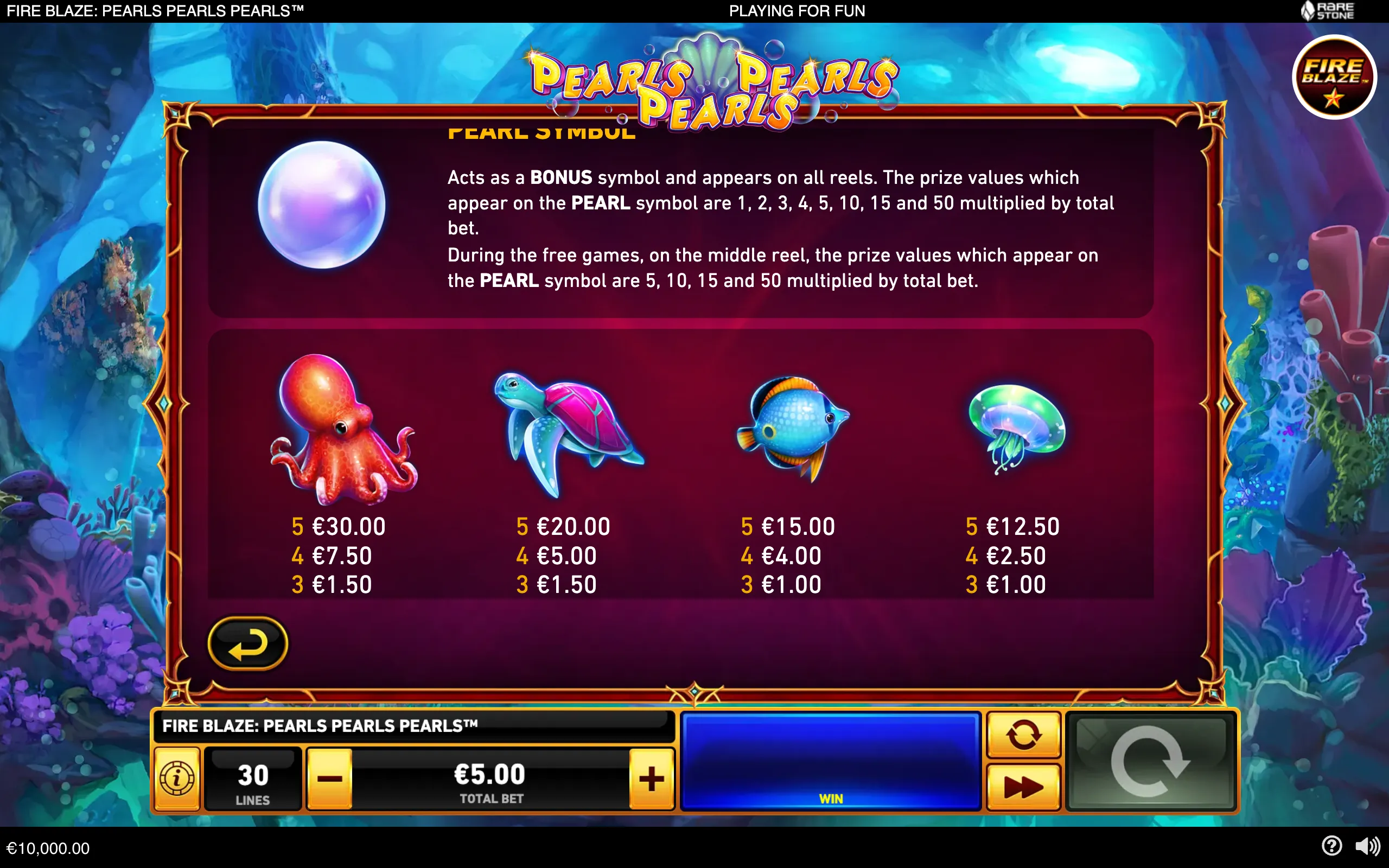 Underwater-themed Fire Blaze: Pearls Pearls Pearls paytable with a glowing pearl bonus symbol, colorful octopus, turtle, fish, and jellyfish symbols, and listed payouts.