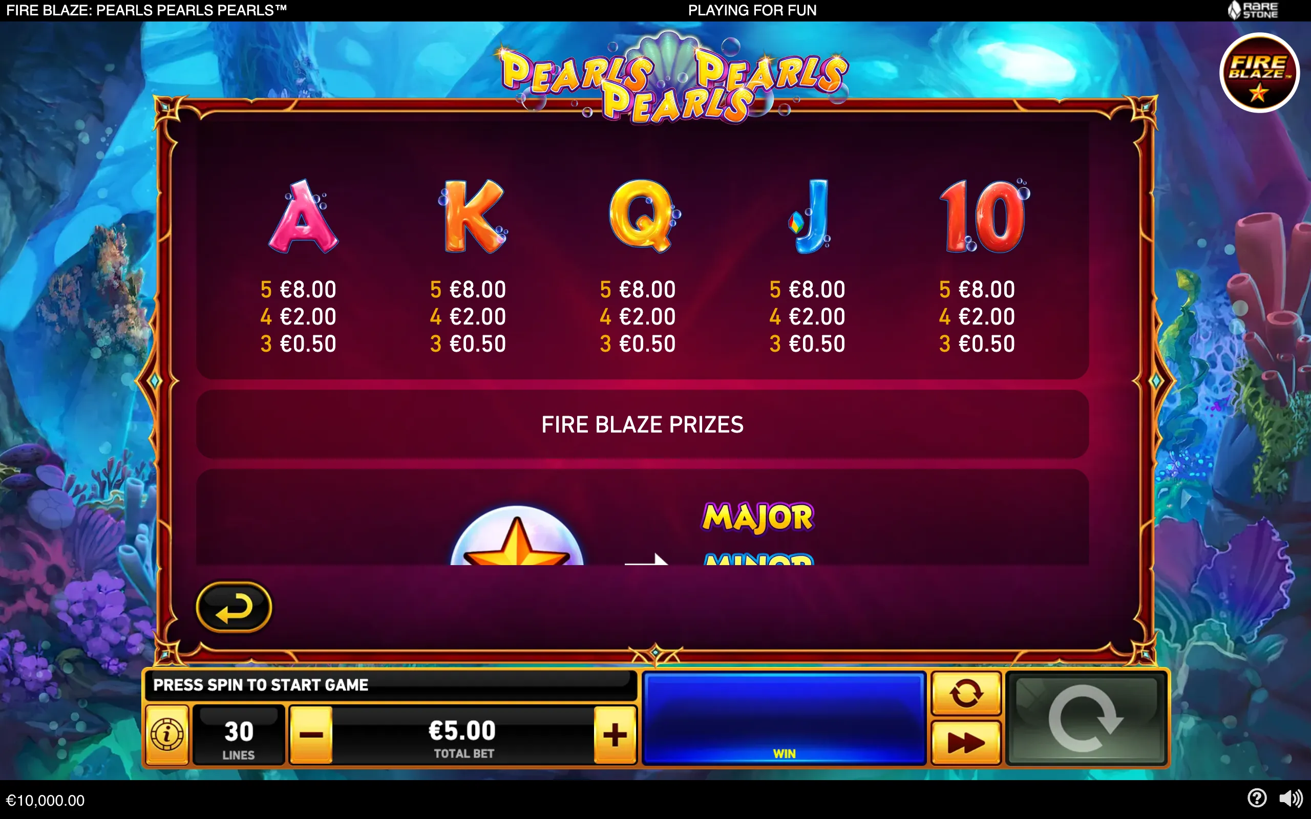 Underwater-themed Pearls Pearls Pearls slot interface with colorful A, K, Q, J and 10 symbols, payout values, and Fire Blaze prize information.