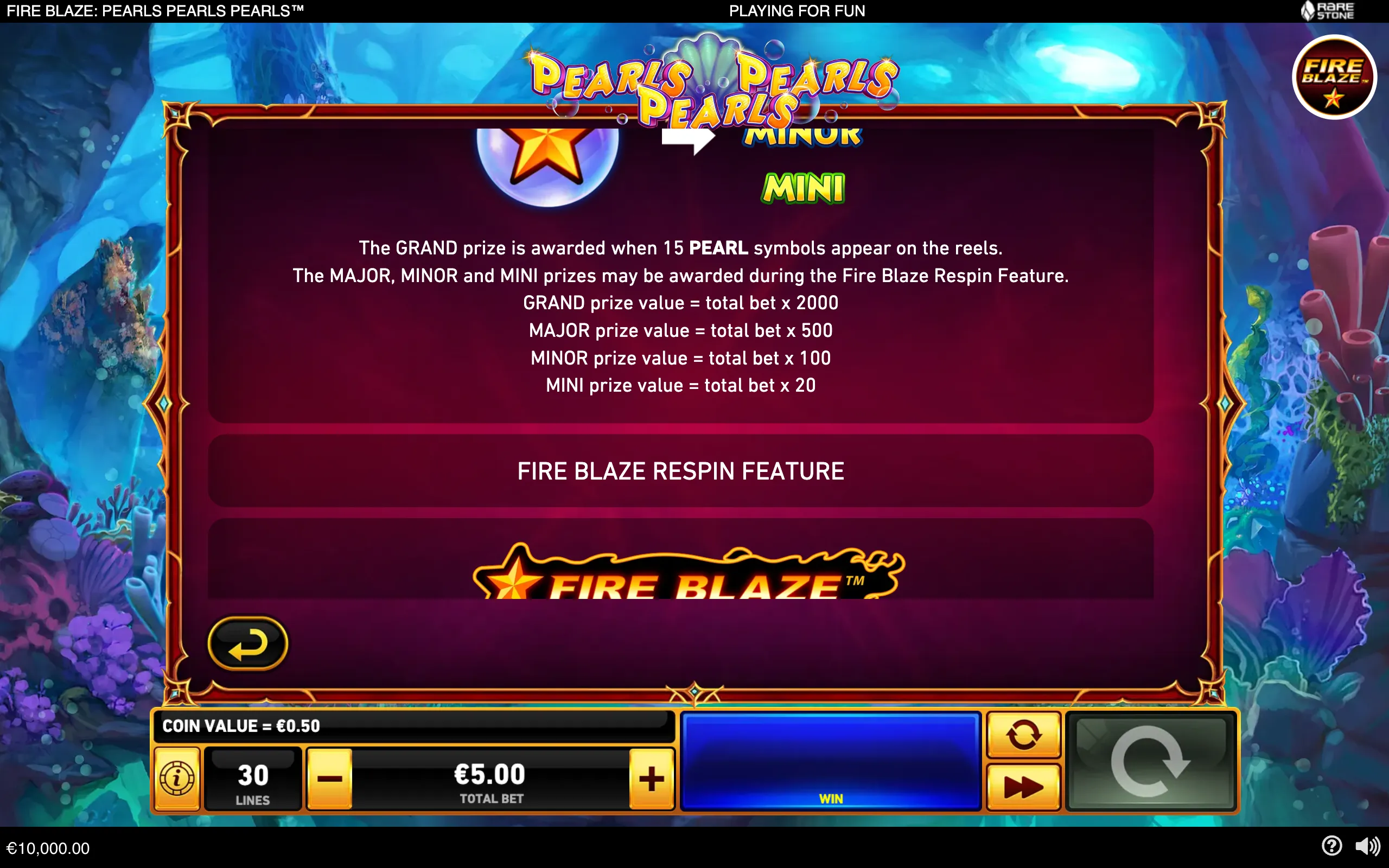 Pearls Pearls Pearls slot rules screen with an underwater coral reef backdrop, pearl branding, jackpot tier icons, and Fire Blaze Respin Feature information.