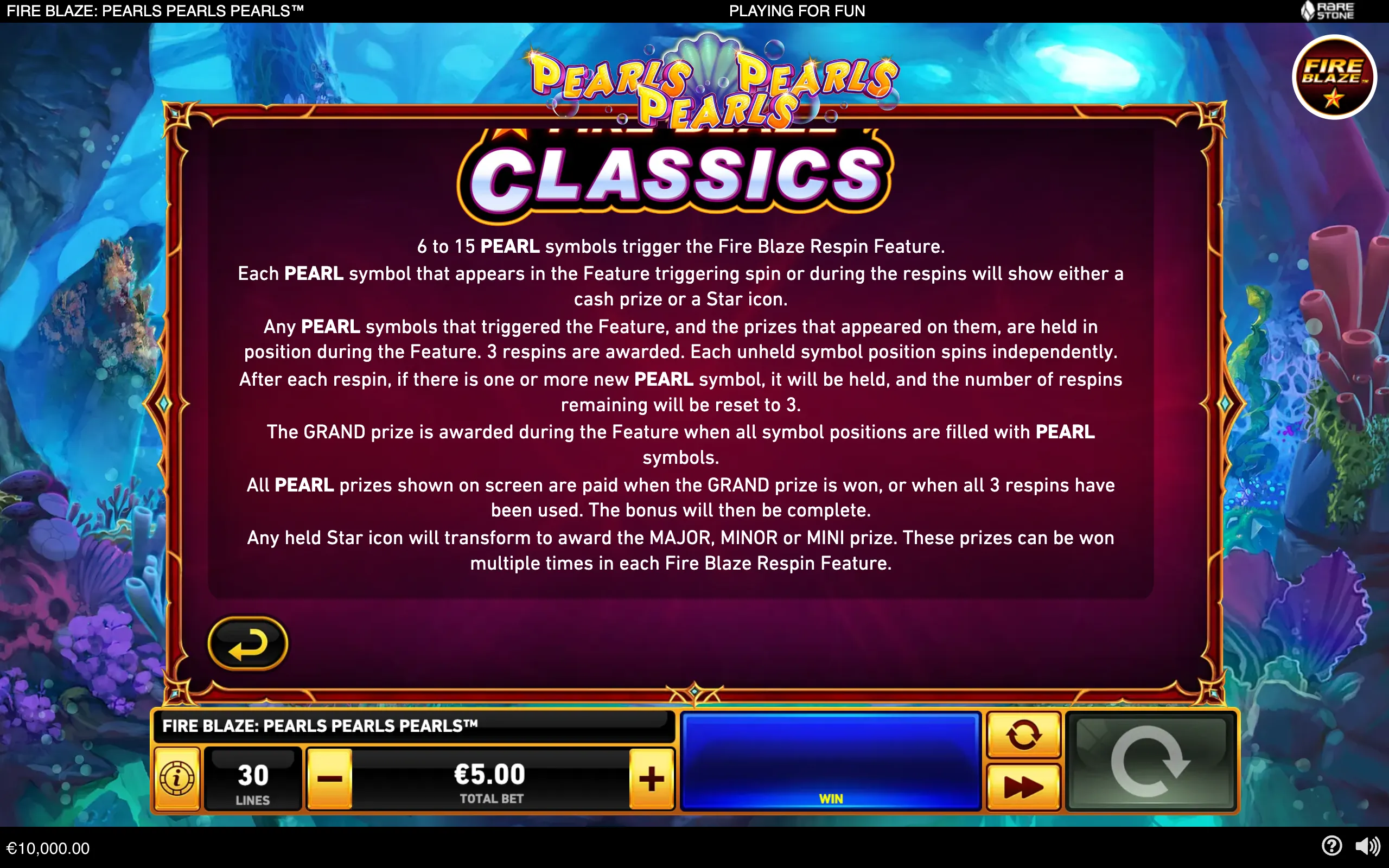 Fire Blaze: Pearls Pearls Pearls slot interface with a large Classics rules panel, pearl-themed logo, and colorful underwater coral reef backdrop.