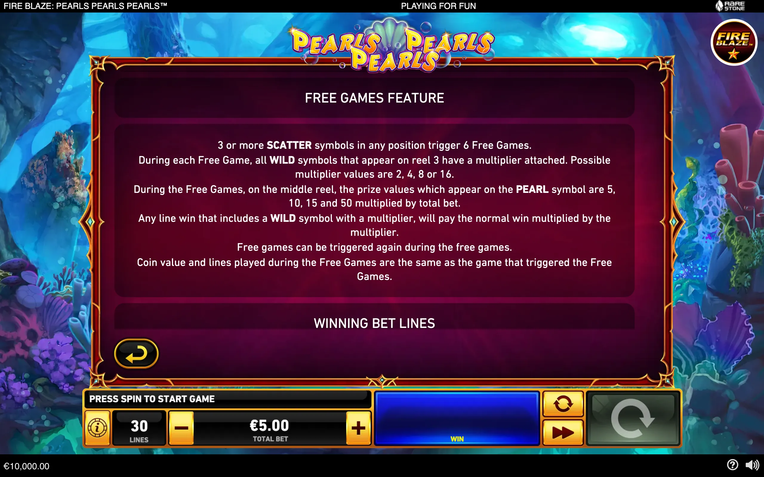 Fire Blaze: Pearls Pearls Pearls slot feature panel with an underwater coral reef backdrop, explaining free games, scatter symbols, wild multipliers, and pearl prizes.