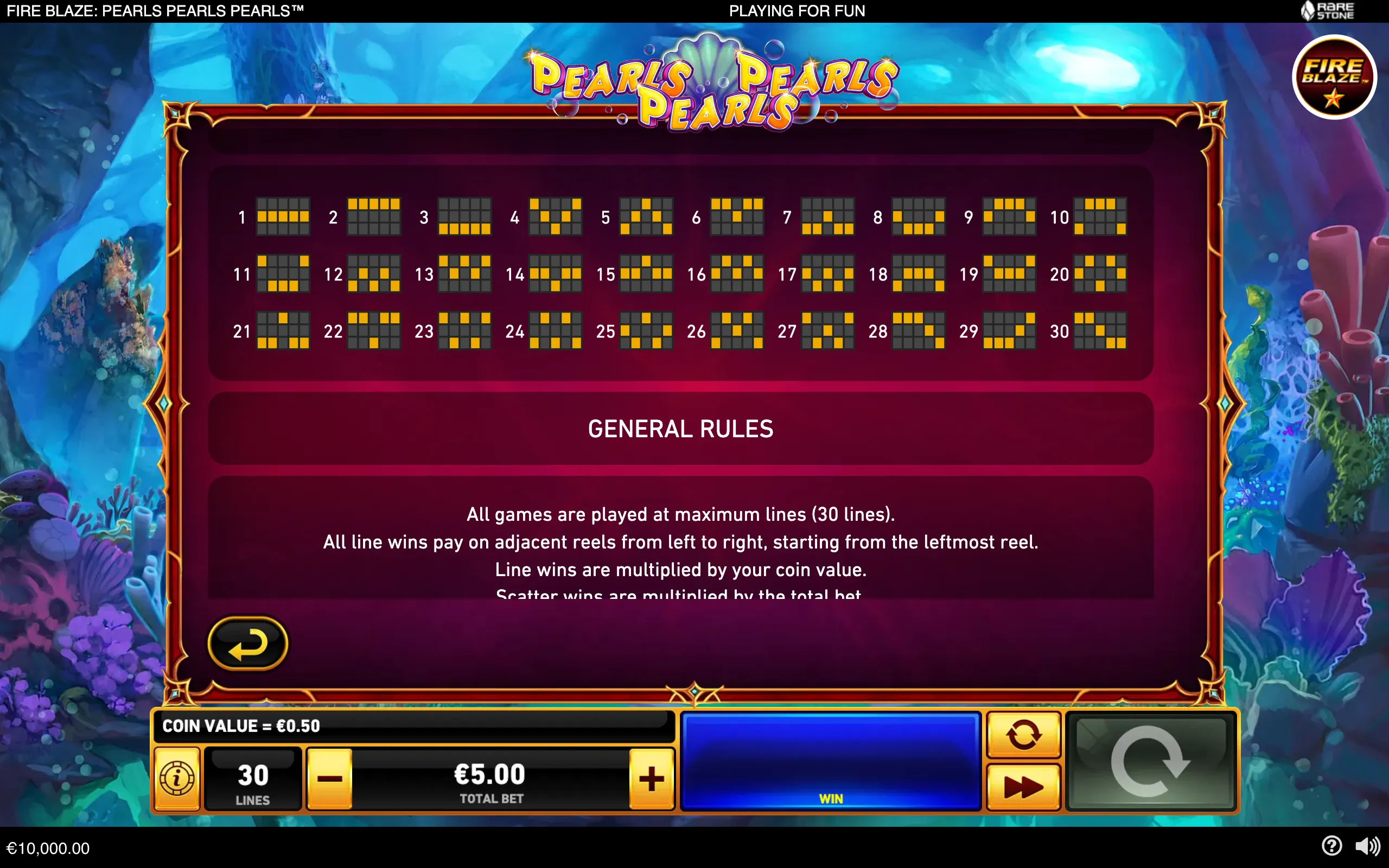 Fire Blaze: Pearls Pearls Pearls rules interface with 30 numbered paylines, a pearl logo, underwater coral backdrop, and betting controls.
