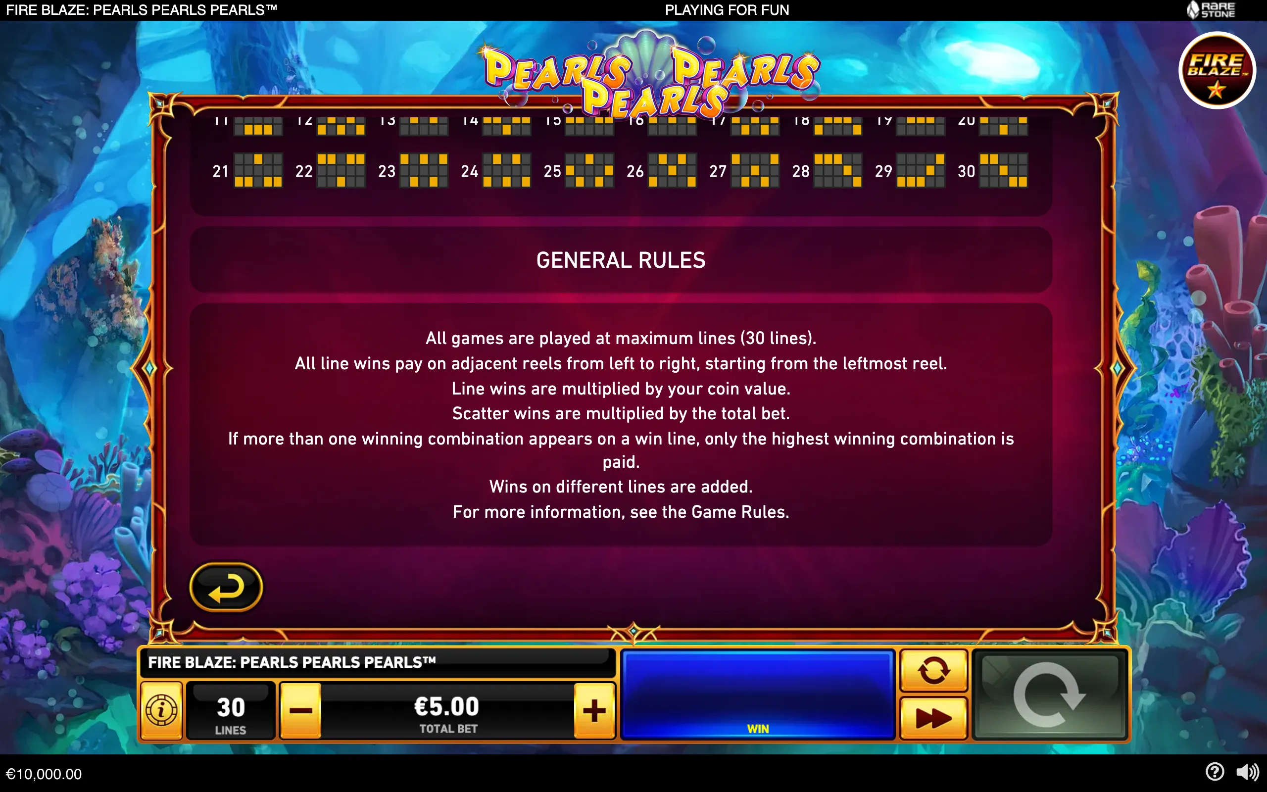 Fire Blaze: Pearls Pearls Pearls slot rules page set against a colorful underwater reef, with 30 paylines, a €5.00 total bet, and general payout instructions.