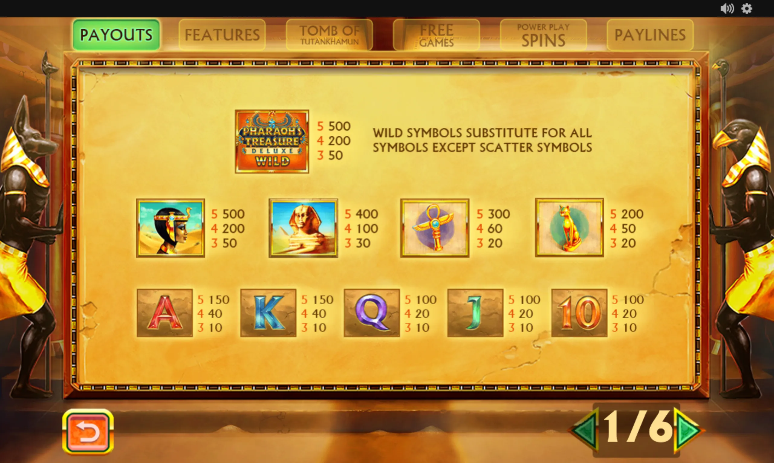 Ancient Egyptian-themed Pharaoh's Treasure Deluxe paytable featuring a Wild tile, pharaoh portraits, a sphinx, an ankh, a cat statue, and card symbols.