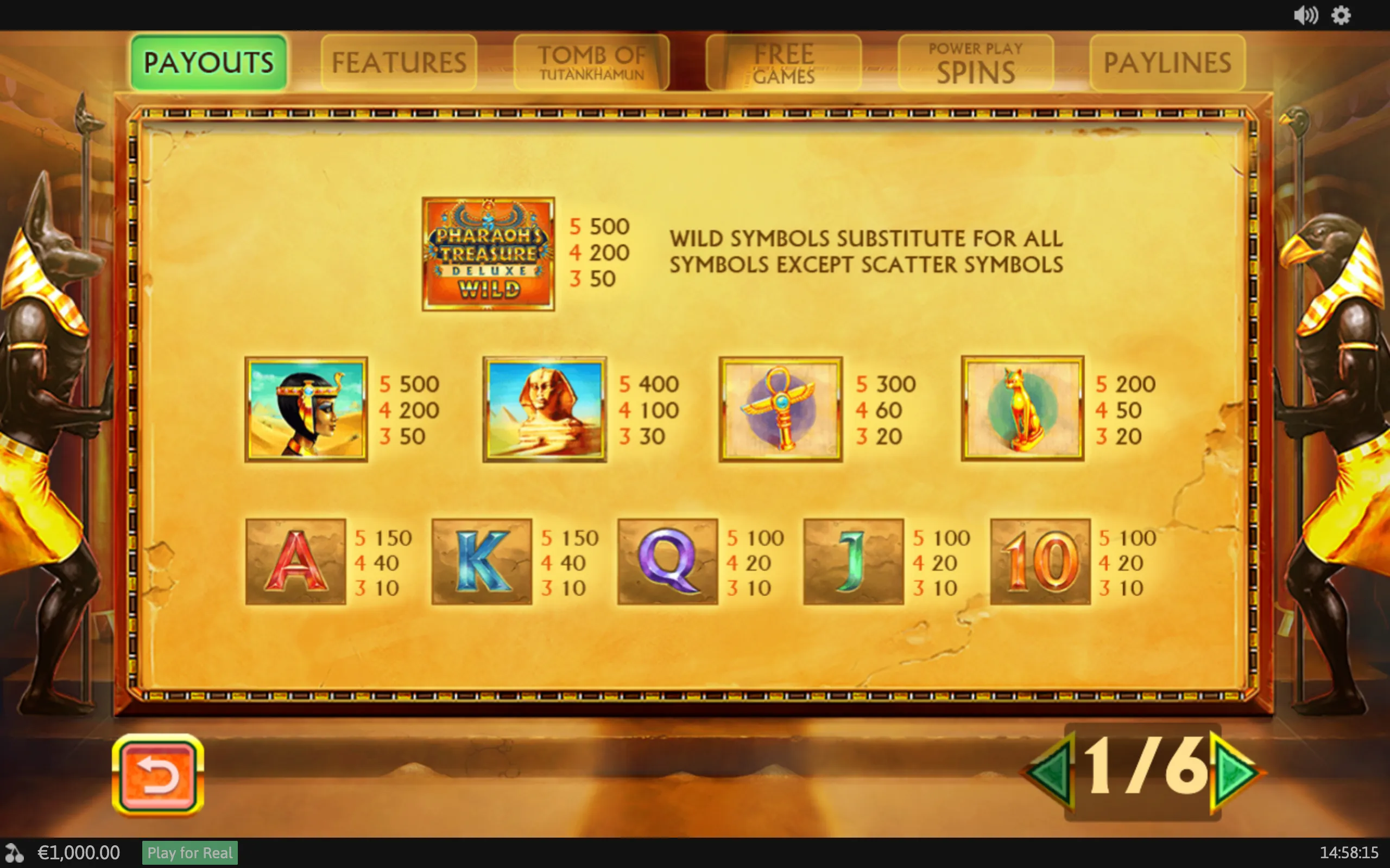 Ancient Egyptian-themed Pharaoh's Treasure Deluxe payout table featuring a wild symbol, pharaoh portraits, an ankh, a cat, and card-rank symbols.