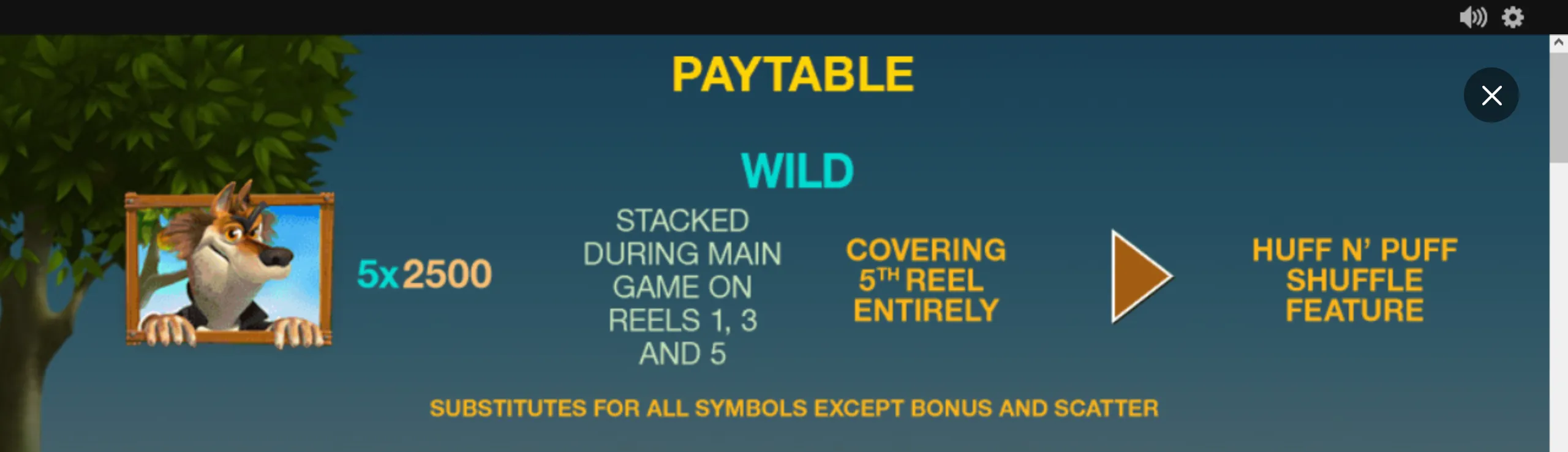 Piggies and the Wolf slot paytable featuring a cartoon wolf symbol, stacked Wild rules, a 5x2500 payout label, and the HUFF N’ PUFF SHUFFLE feature.