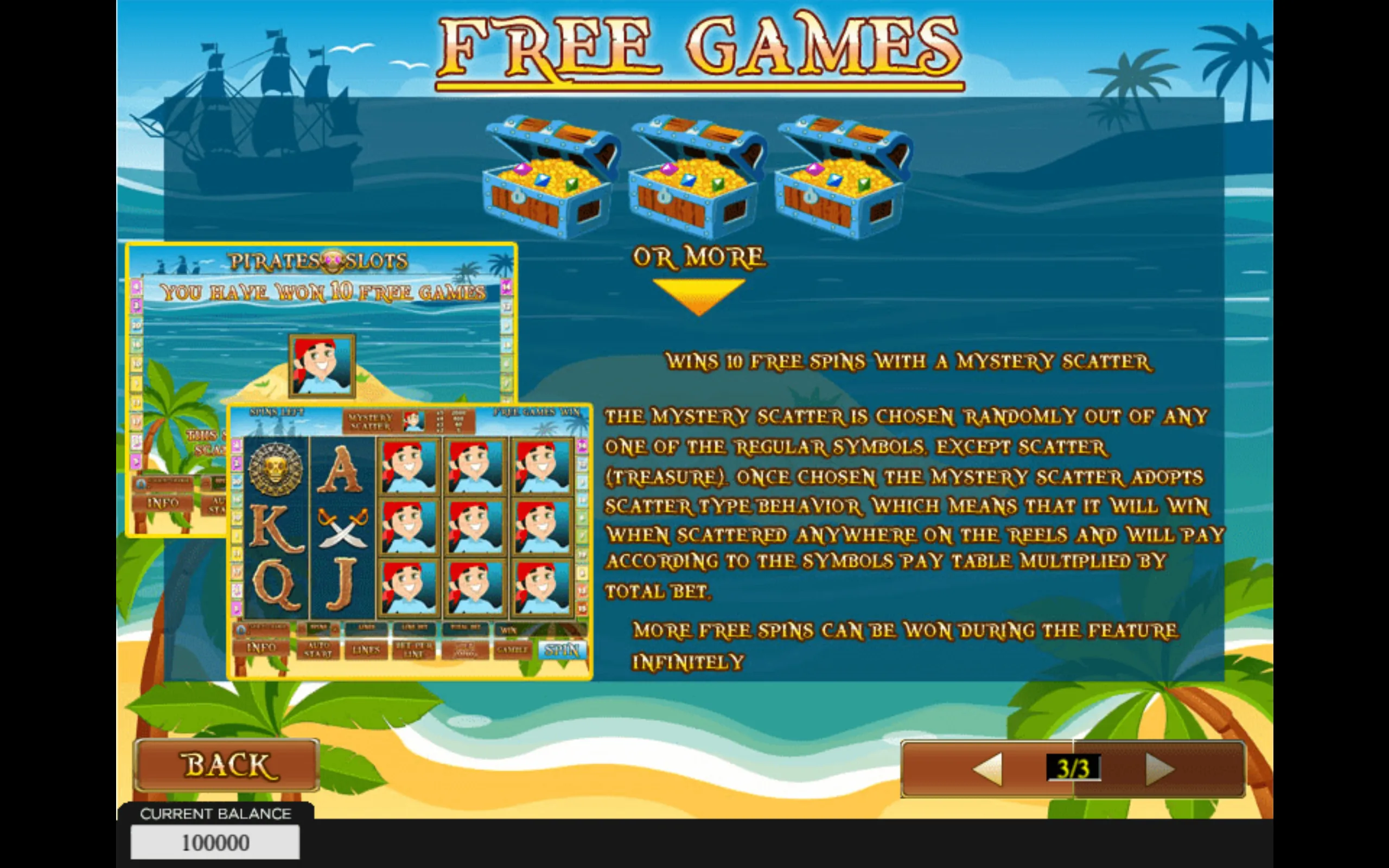 Pirate-themed slot feature guide with treasure chests, a sailing ship, tropical island scenery, and reel symbols explaining 10 free games from a Mystery Scatter.