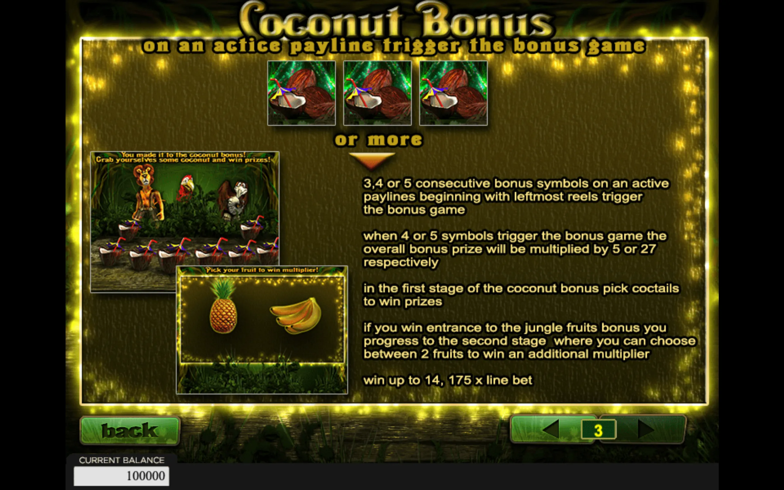 Jungle-themed Riddle Jungle bonus rules panel featuring coconut symbols, cartoon jungle animals, cocktails, pineapple and bananas, with instructions for the Coconut Bonus and Jungle Fruits Bonus.