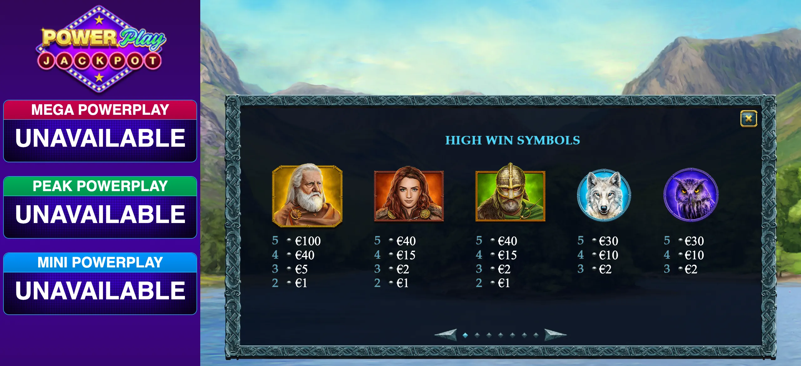 Storms of Ice slot paytable featuring a mountain landscape, Celtic-style border, and high win symbols including a white-haired elder, red-haired woman, Viking warrior, white wolf, and purple owl.